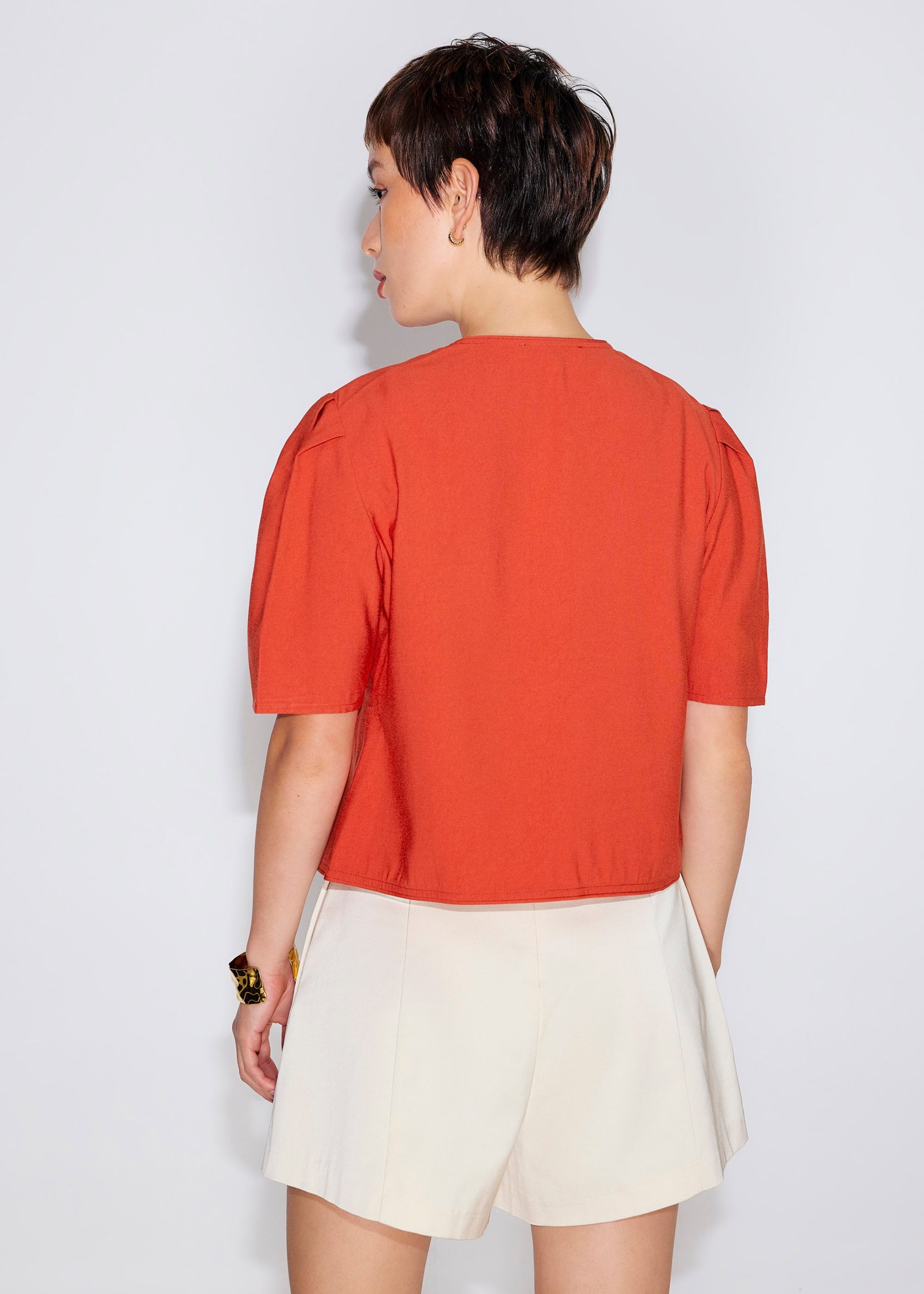 Relaxed Cotton Front Tie Puff Sleeve Shell Top - Image 5