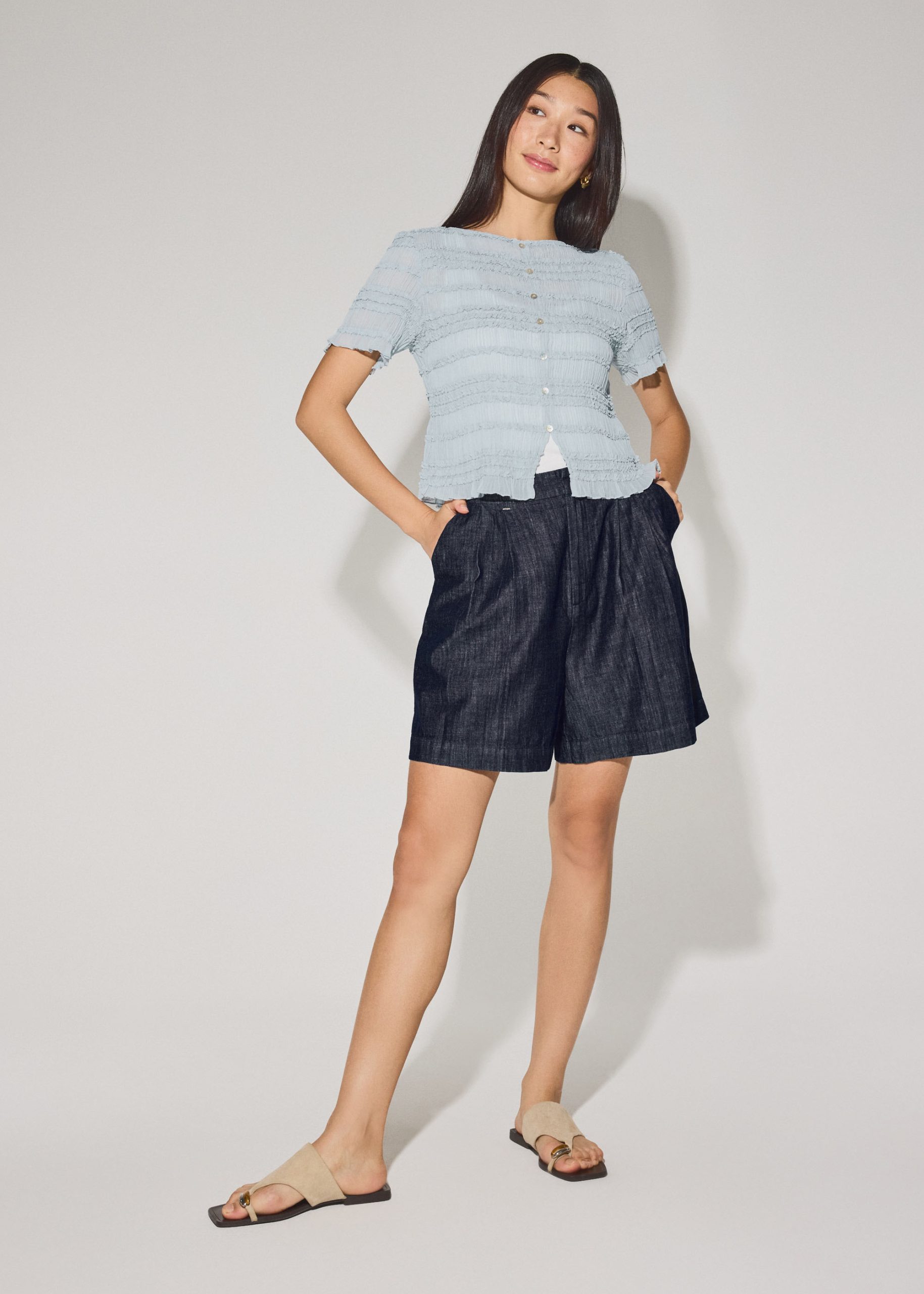 Sheer Crinkled Boat Neck Fitted Button Down Top - Image 15