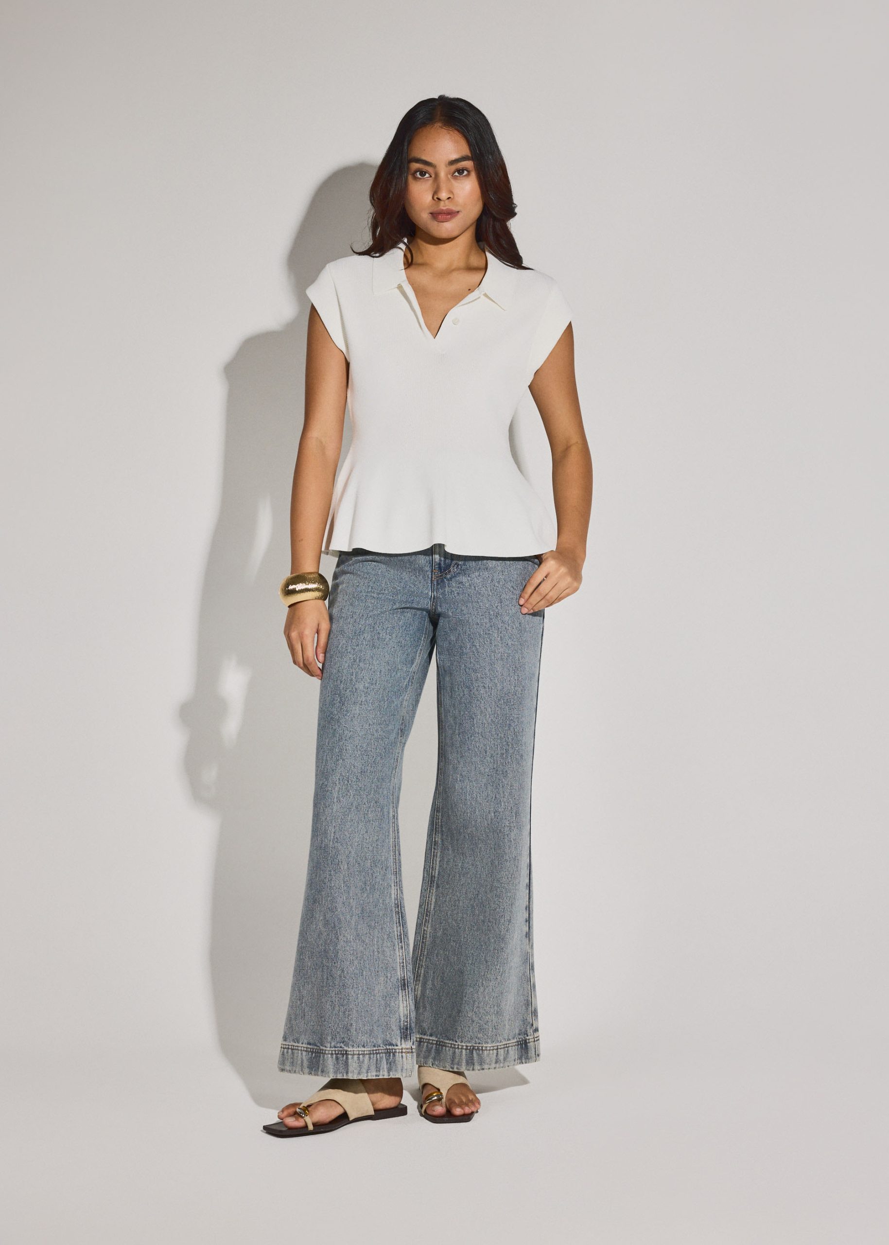 Knit Collared Peplum Polo Top - Image 3