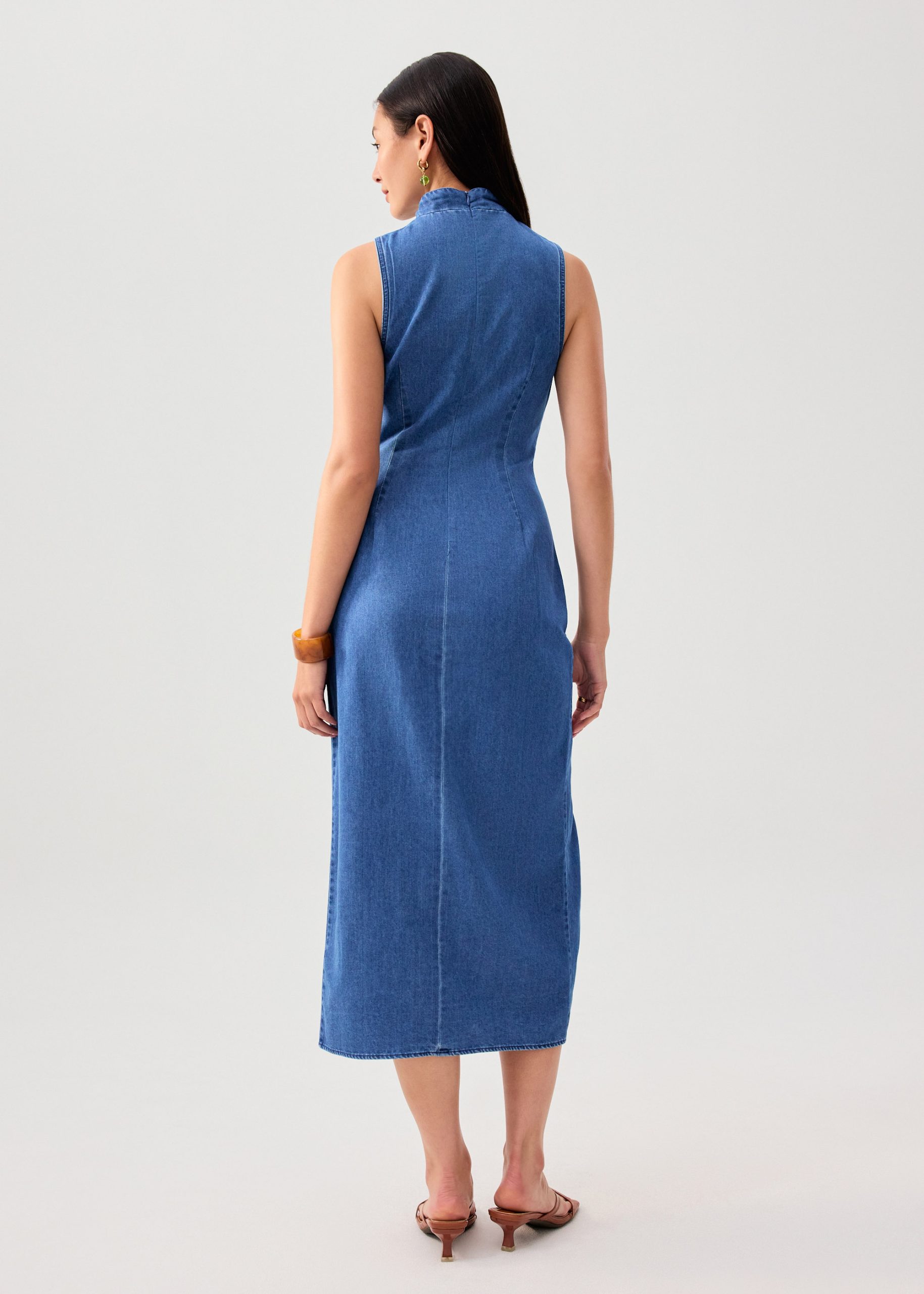 Denim Mandarin Collar Column Midaxi Dress - Image 4