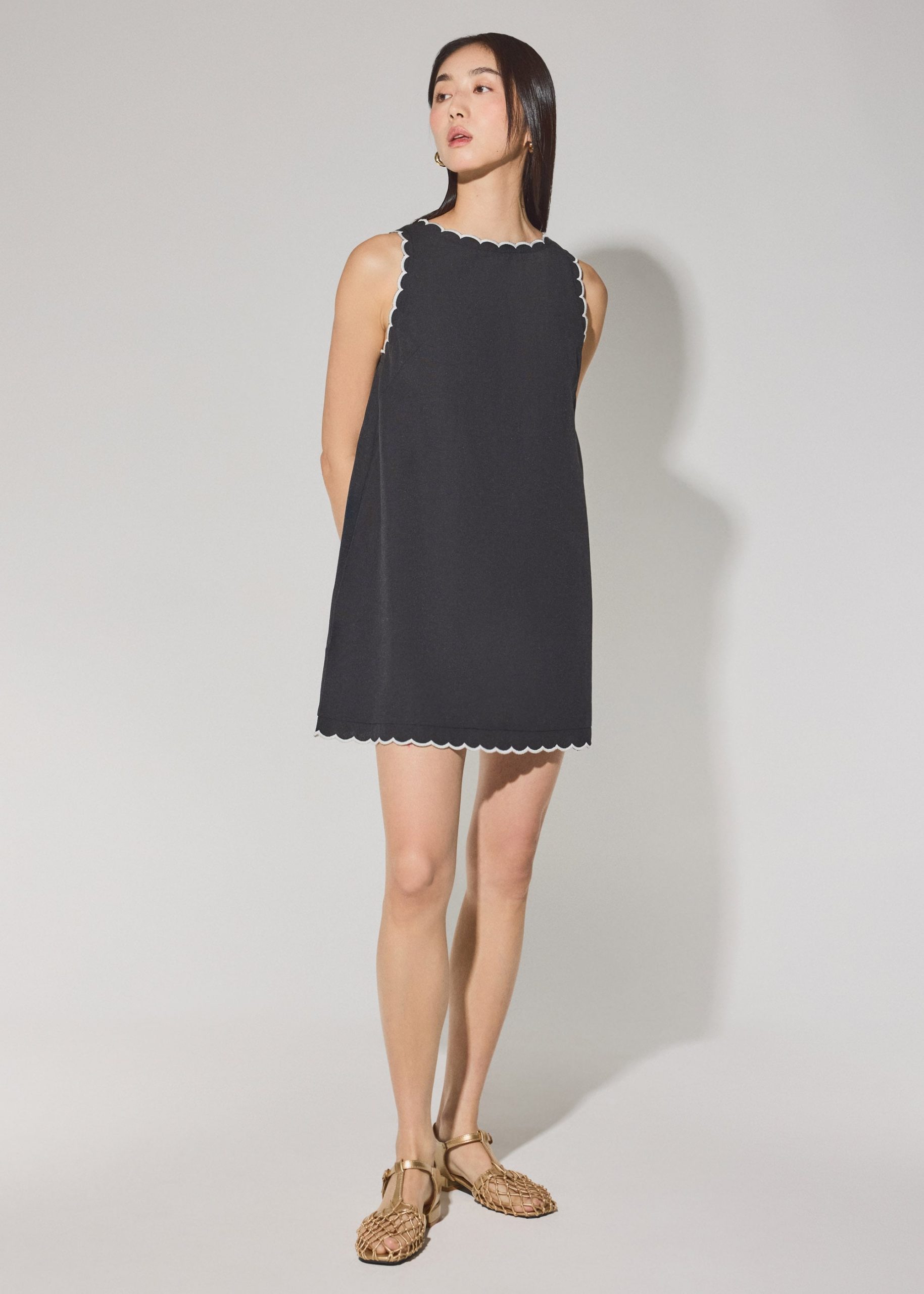 Cotton Scallop Edge Boat Neck Shift Mini Dress - Image 2