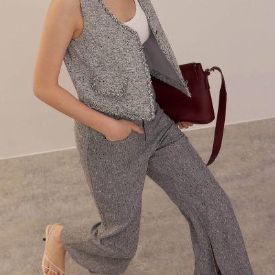Leggy??Elastic Tweed High Waist Kick Flare Pants