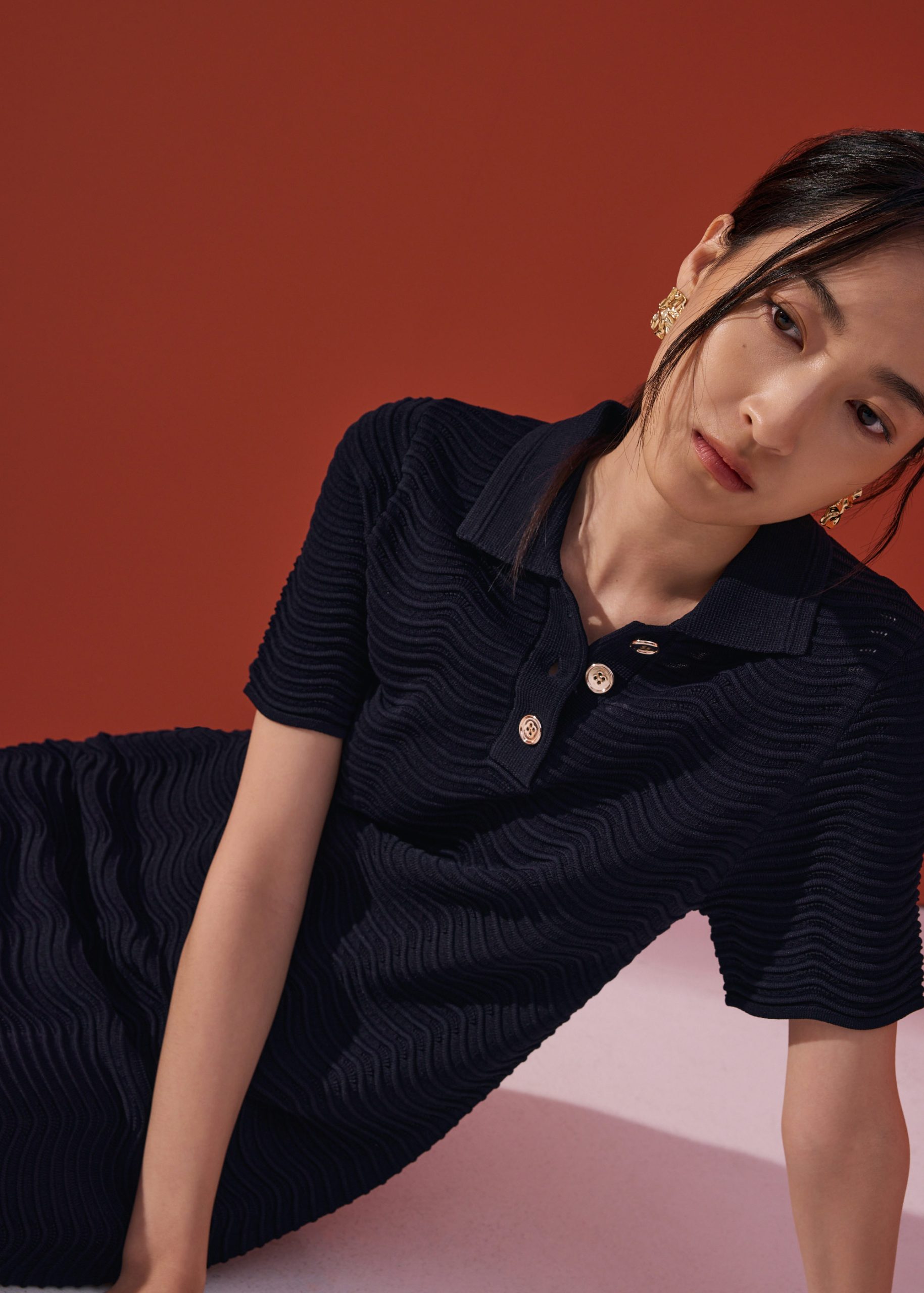 Wavy Knit Collared A-Line Mini Dress - Image 7