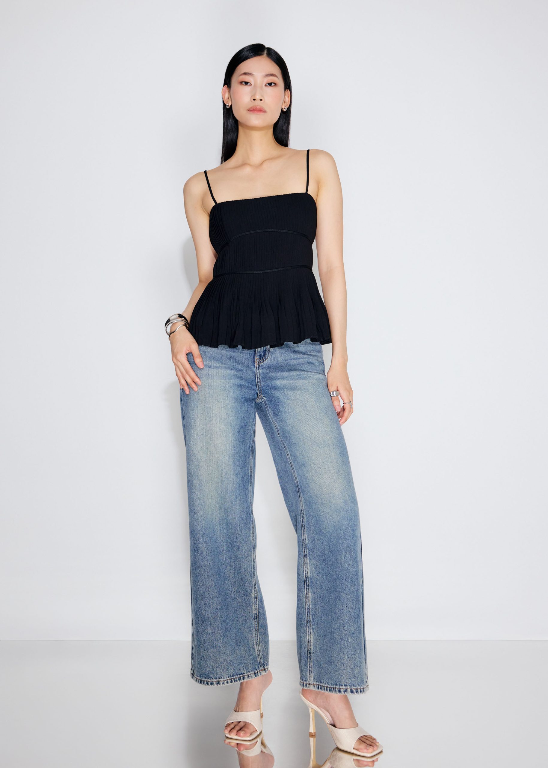 Pleated Straight Neck Peplum Camisole Top - Image 3