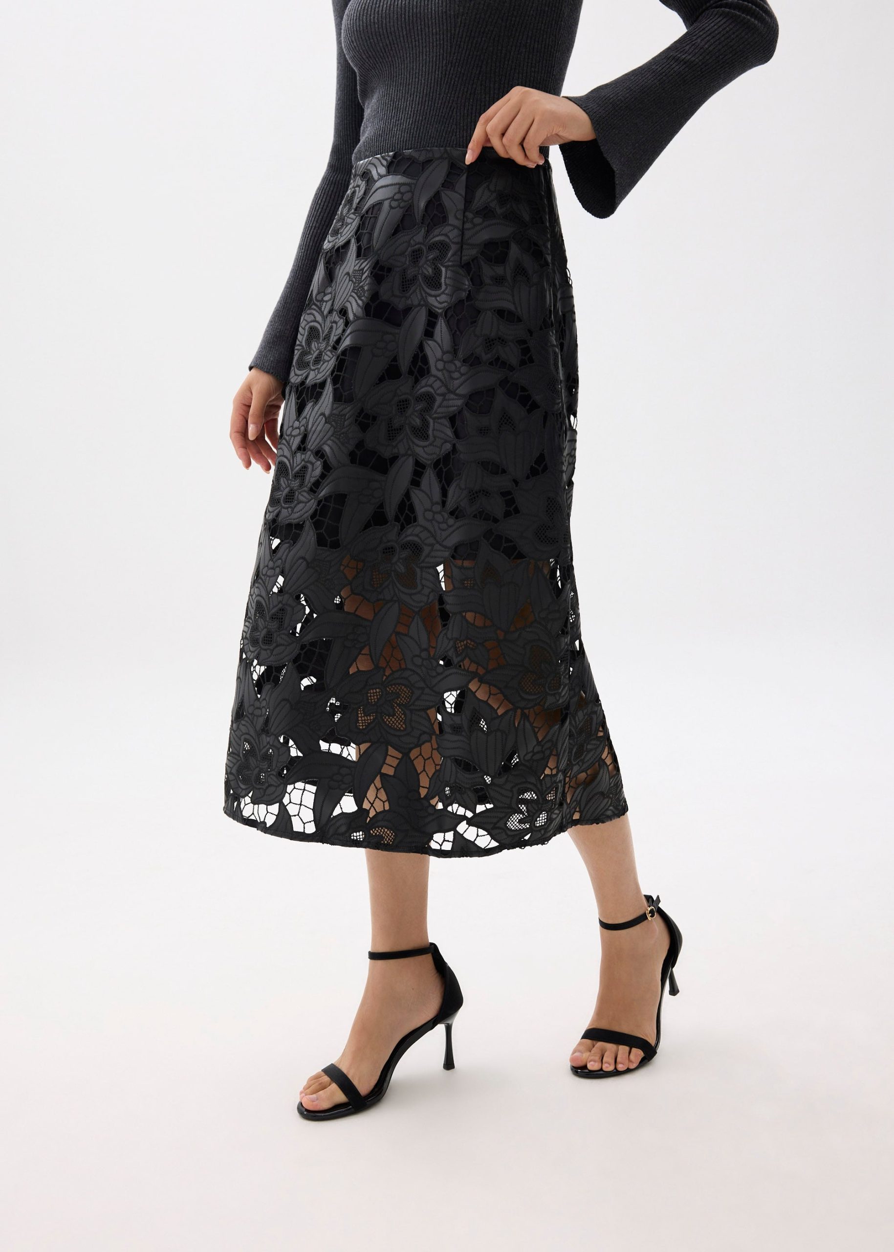 Vegan Leather Lace A-line Midaxi Skirt