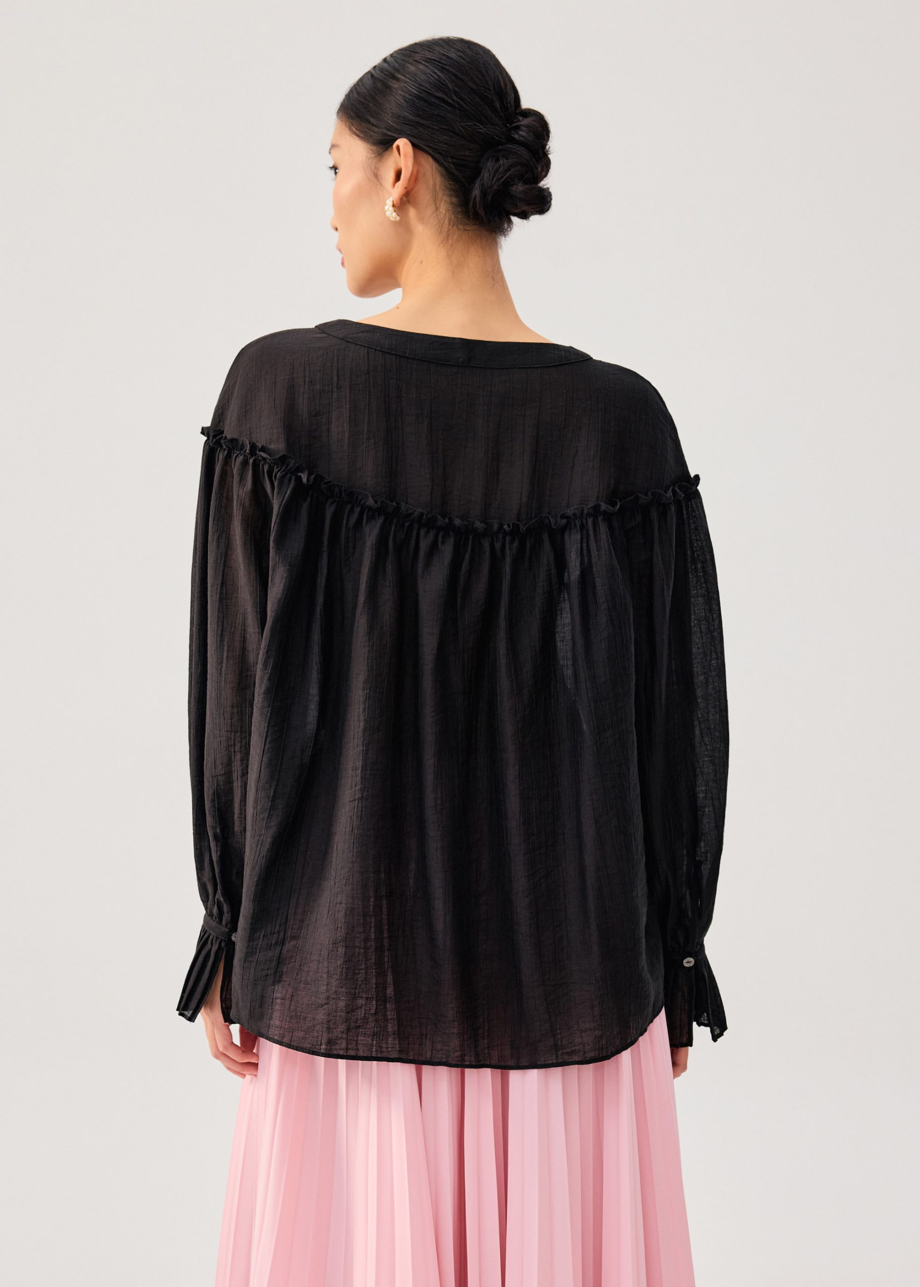 Relaxed Ruffle Trim Lyocell V-neck Long Blouse - Image 3