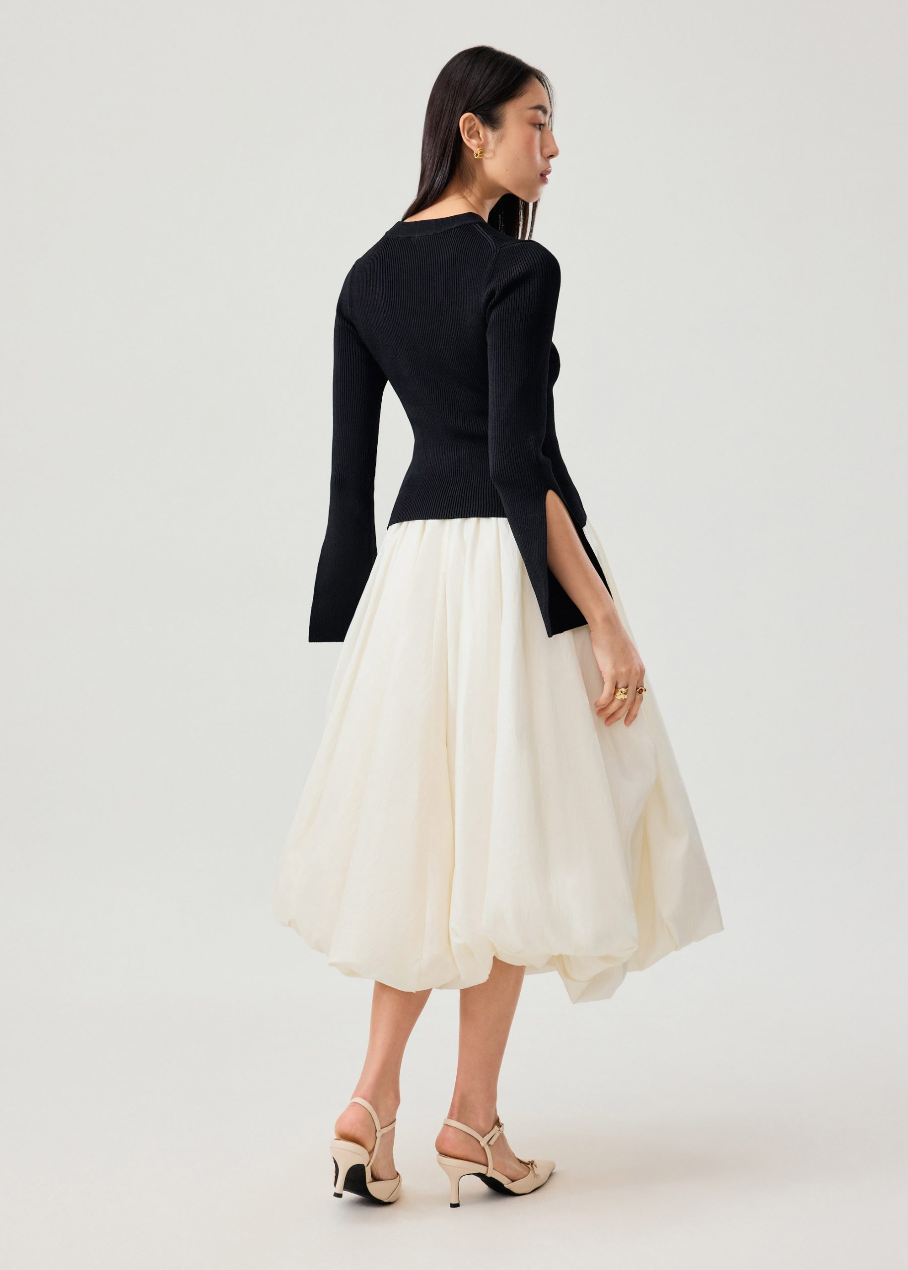 Asymmetric Hem Mock Neck Bell Sleeve Top - Image 4