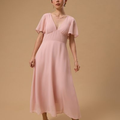 BraFree by LB Georgette Flutter Sleeve Bias Cut Midi Dress