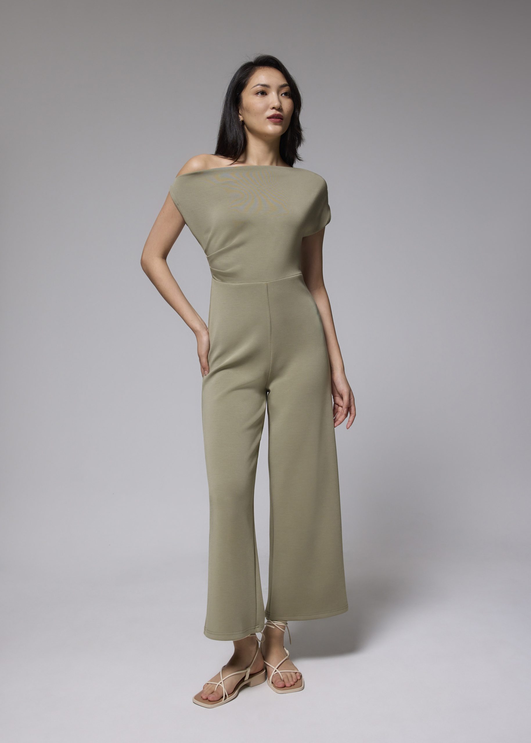 Pleated Neoprene Asymmetric Jumpsuit - Image 3