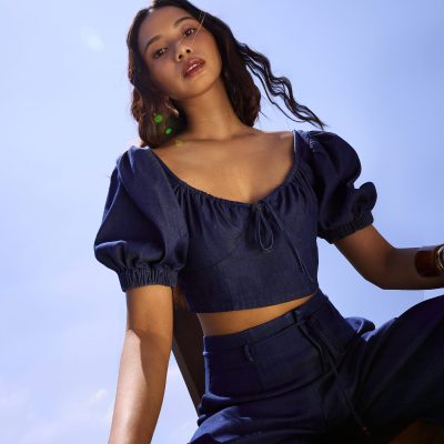 Chambray Puff Sleeve Crop Top