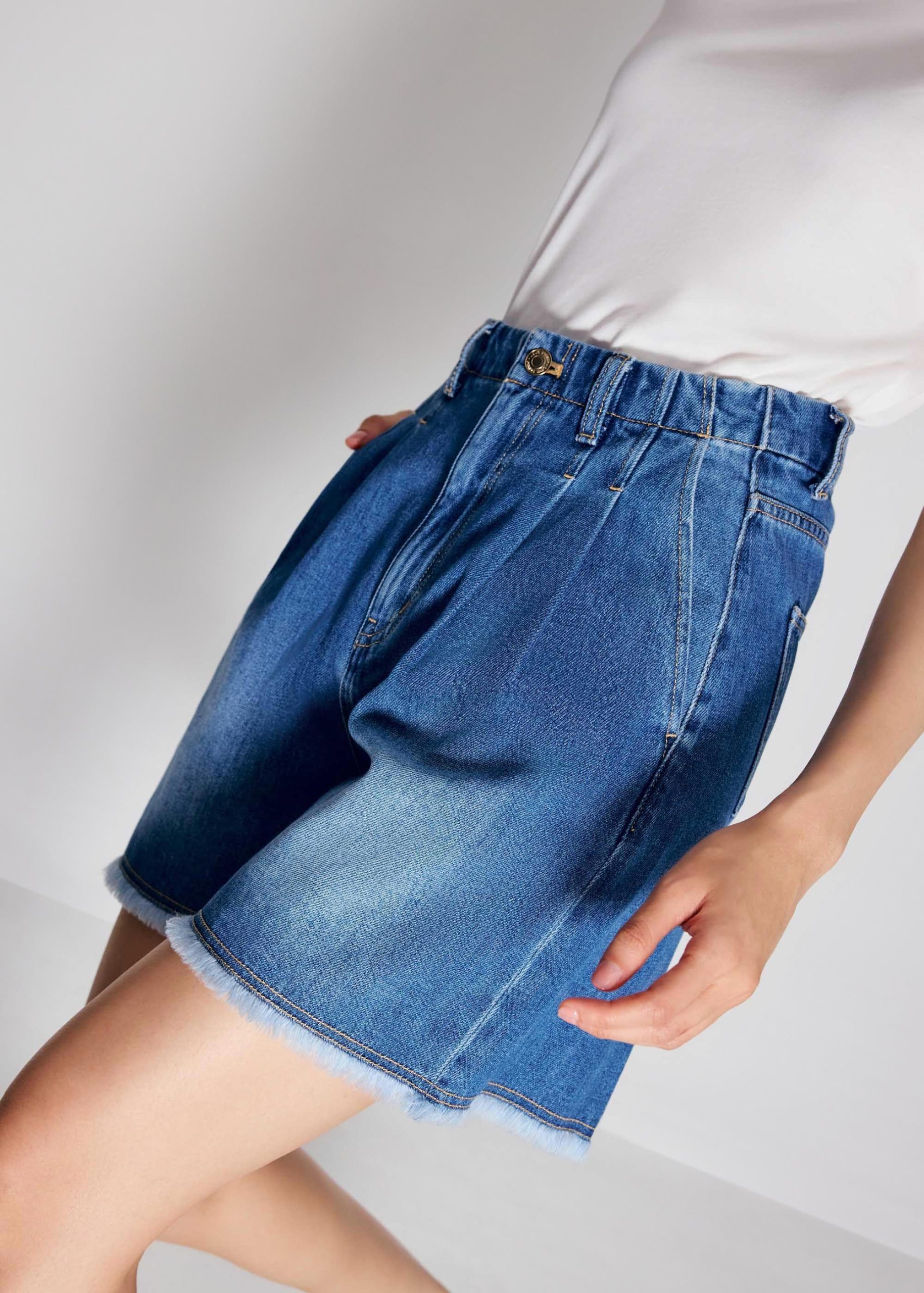 Denim Frayed Hem High Waist Bermuda Shorts - Image 7