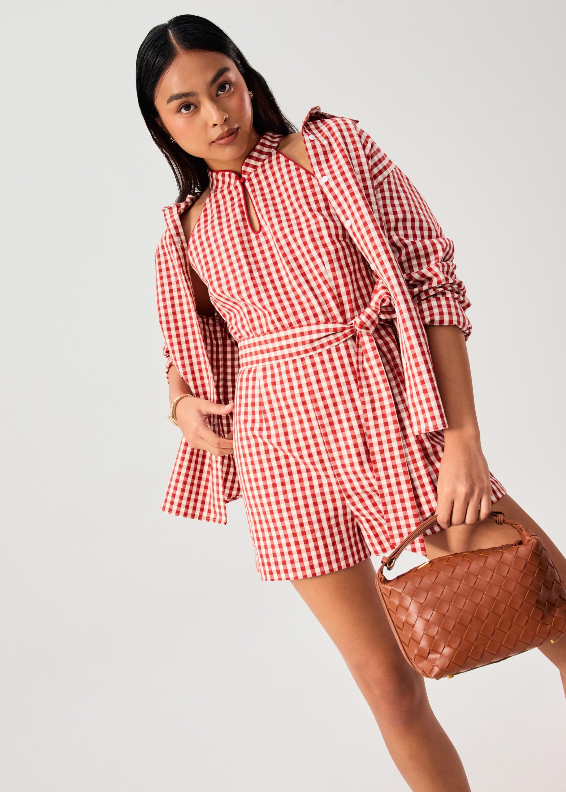 Gingham Cotton Mandarin Collar A-line Romper - Image 8