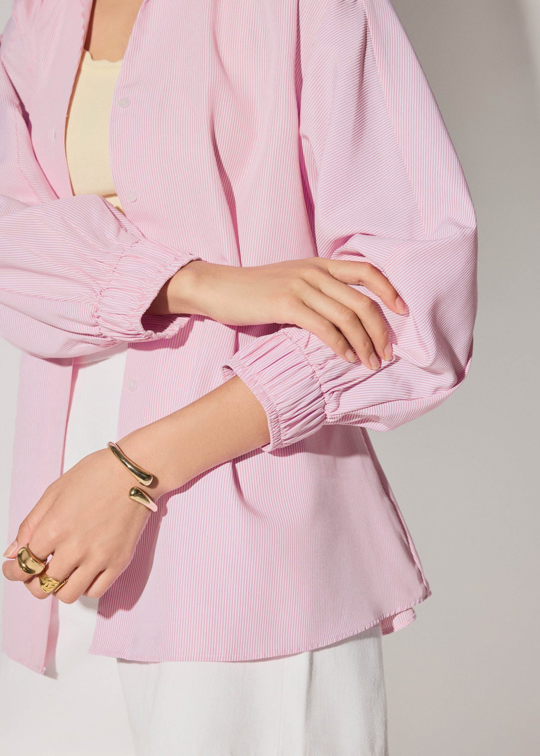 Striped Cotton Collared Puff Sleeve Button Down Top - Image 14