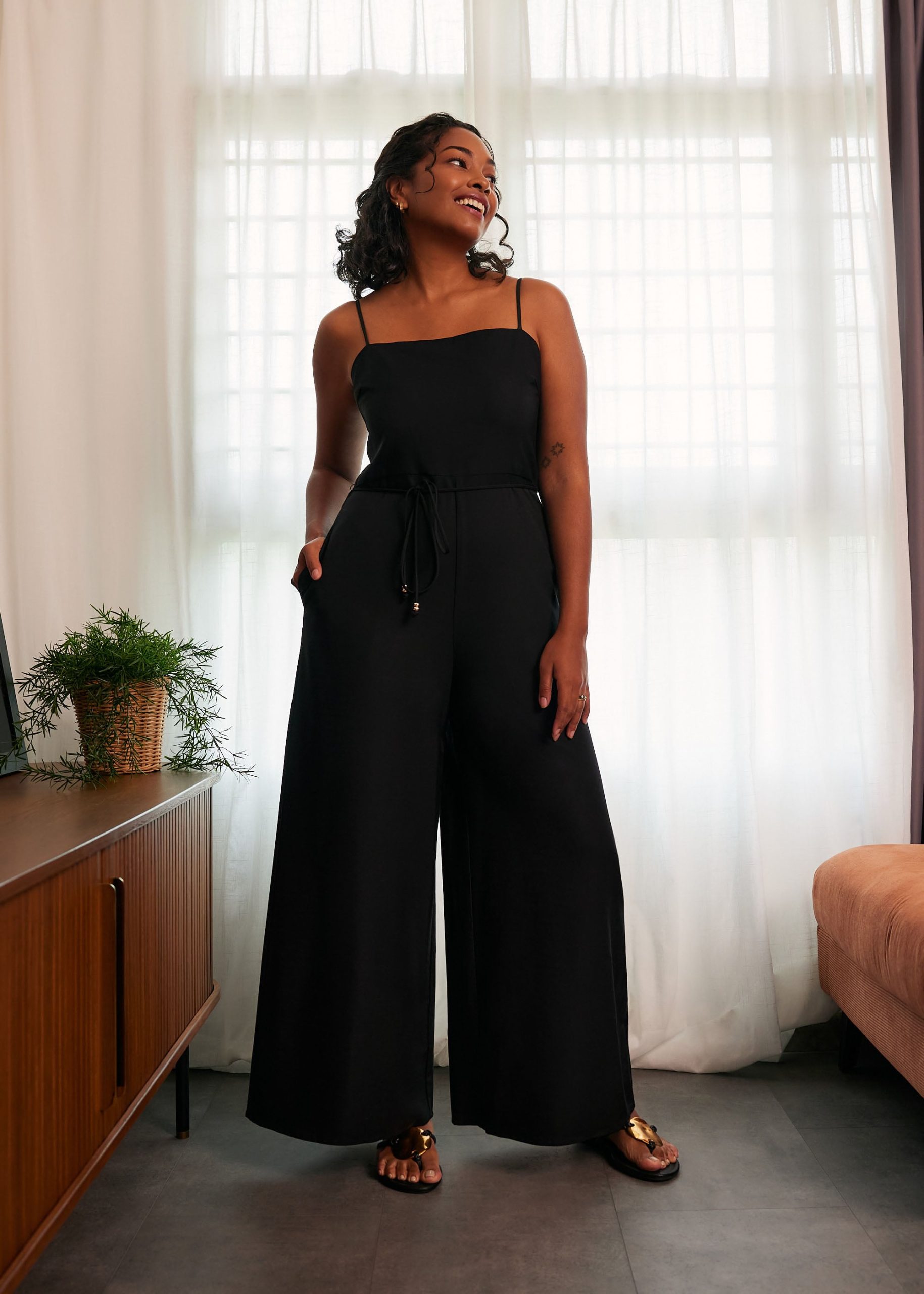 Belted Straight Neck Wide Leg Jumpsuit