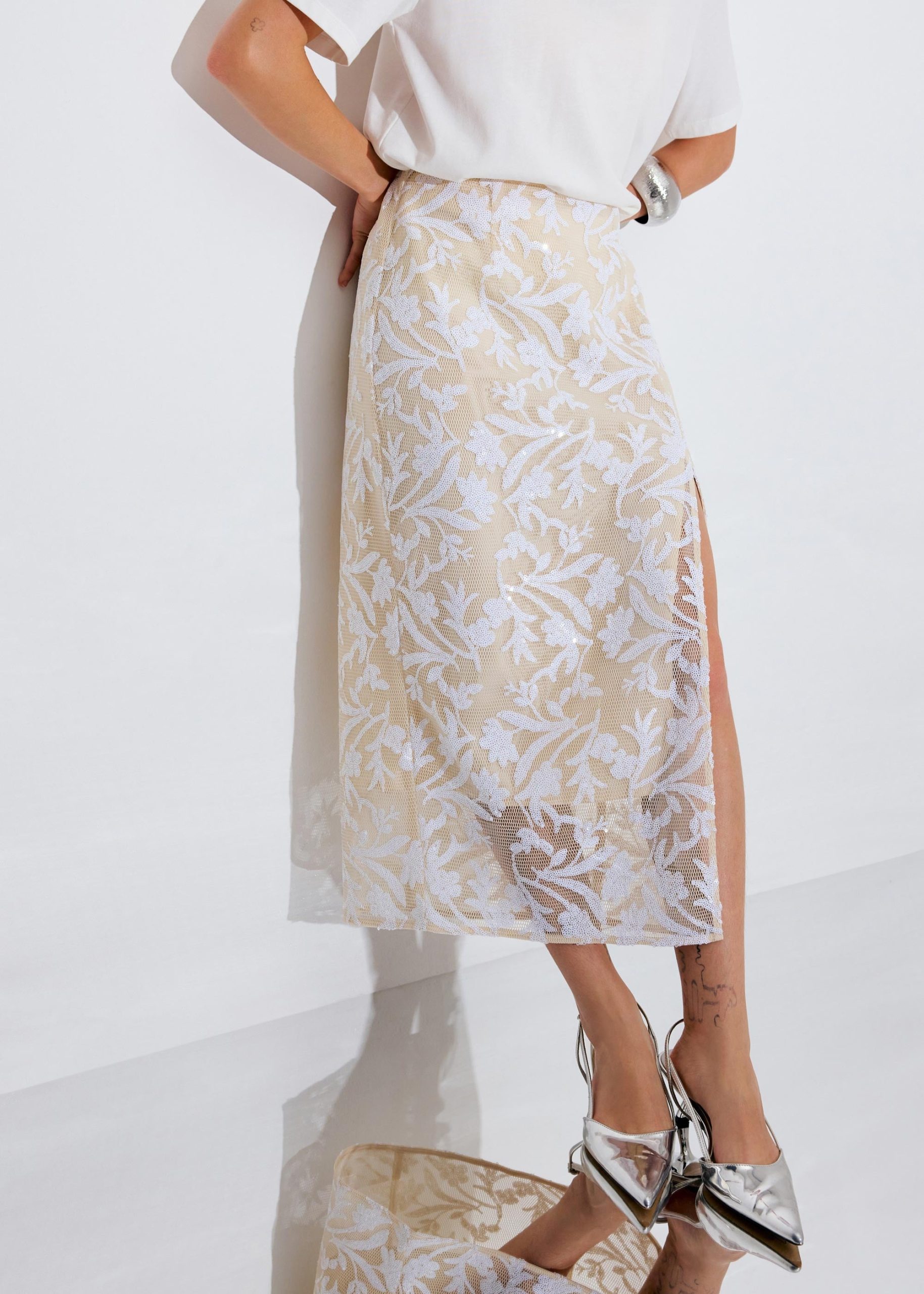 Floral Sequin High Waist Side Slit Column Midaxi Skirt