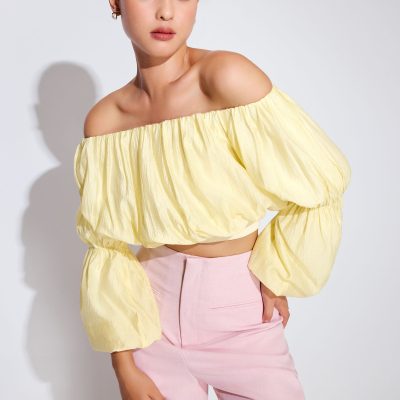 Elastic Lyocell Off-Shoulder Romantic Flare Sleeve Crop Top