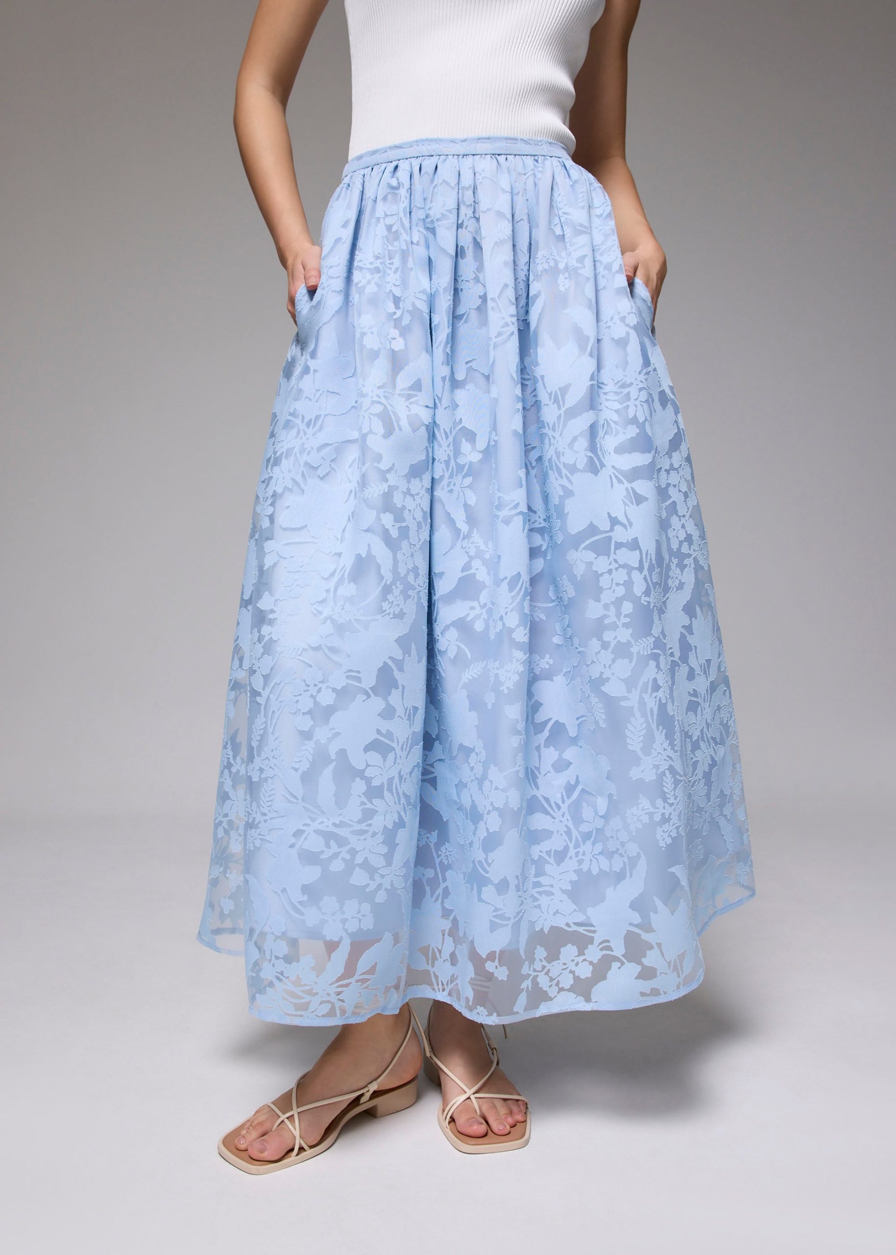 Elastic Jacquard High Waist Flare Maxi Skirt - Image 7