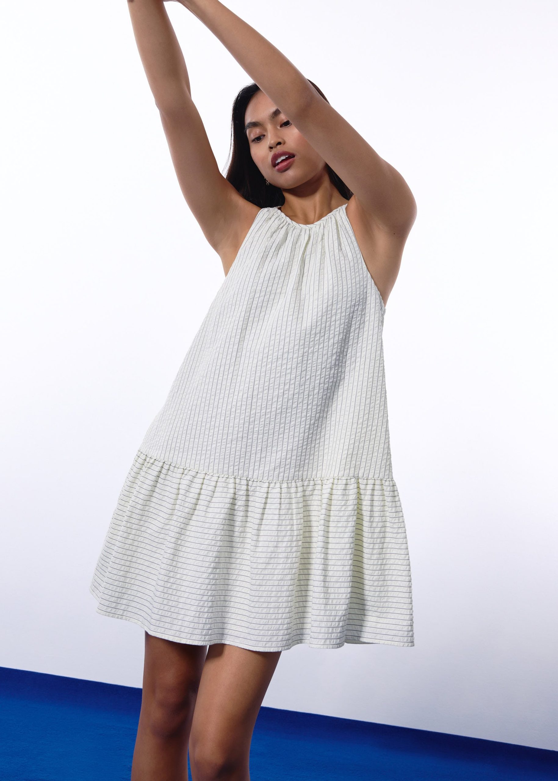 Pinstripe Seersucker Halter Trapeze Mini Dress
