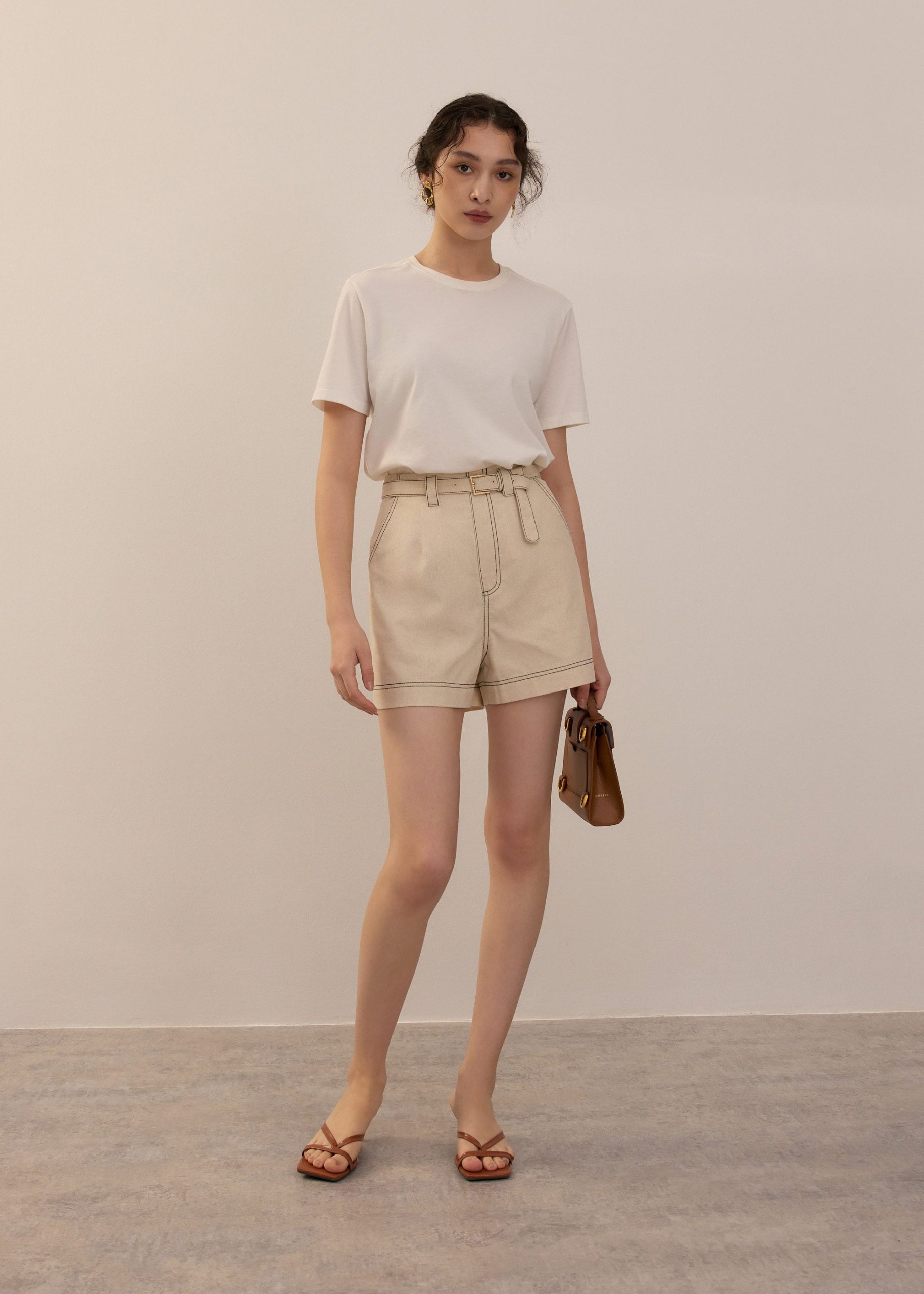 Belted Contrast Stitch High Waist Shorts - Image 36