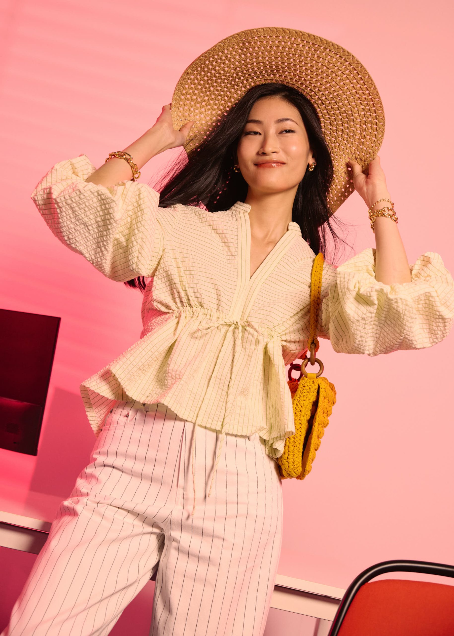 Pinstripe Seersucker Notched Puff Sleeve Peplum Blouse - Image 8