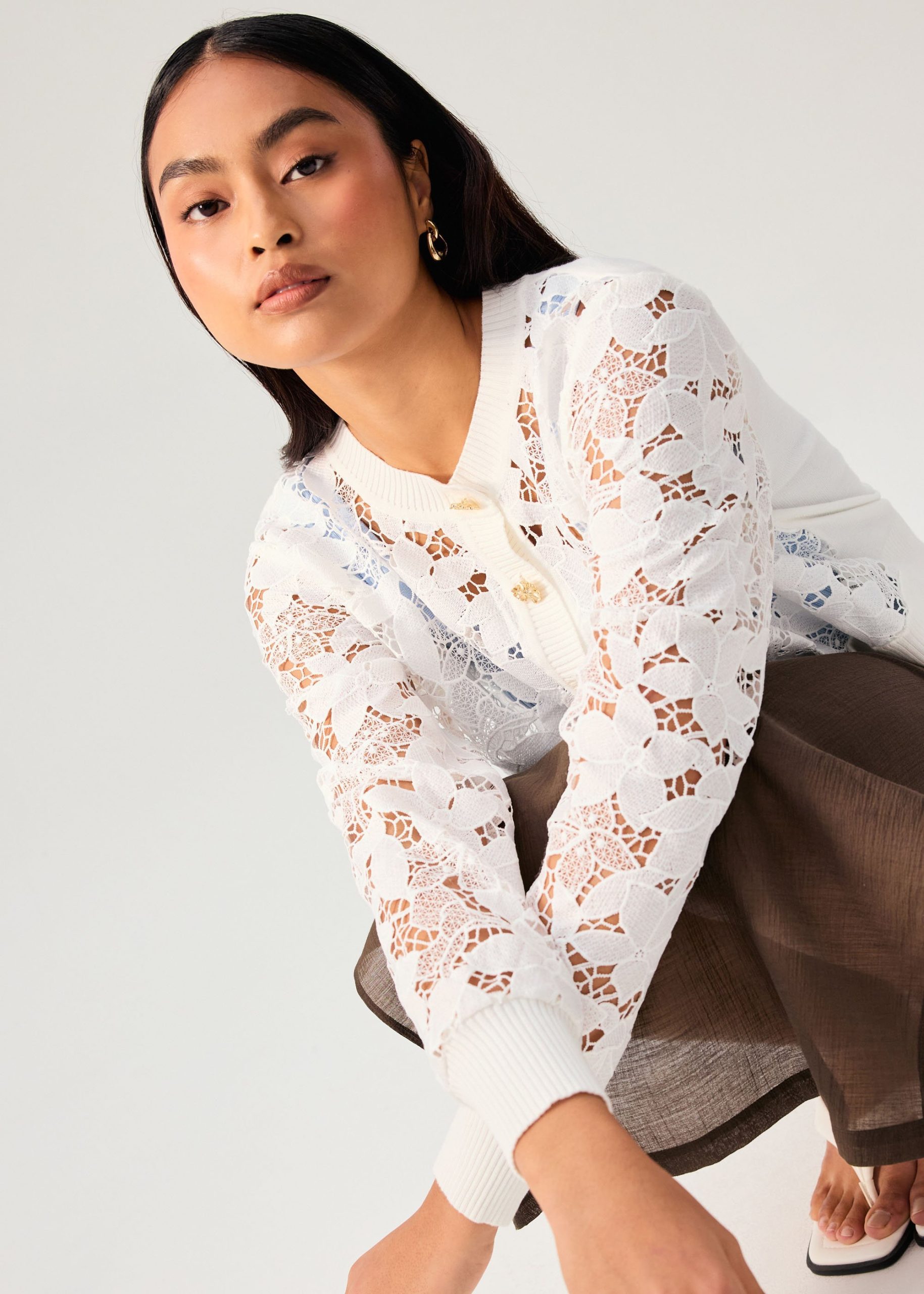 Floral Lace Knit Round Neck Cardigan - Image 2