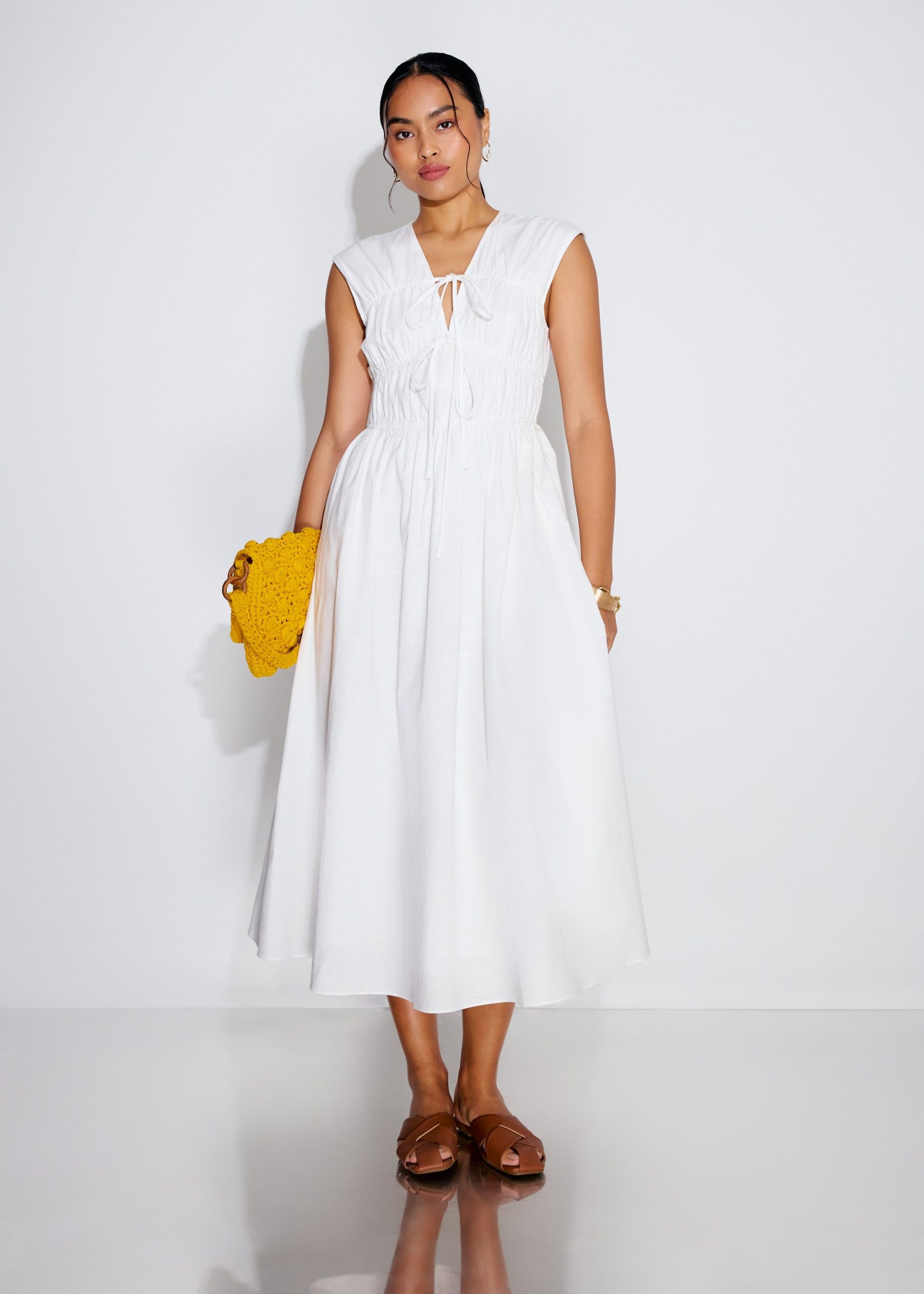 Linen Front Tie Fit & Flare Elastic Midaxi Dress - Image 7