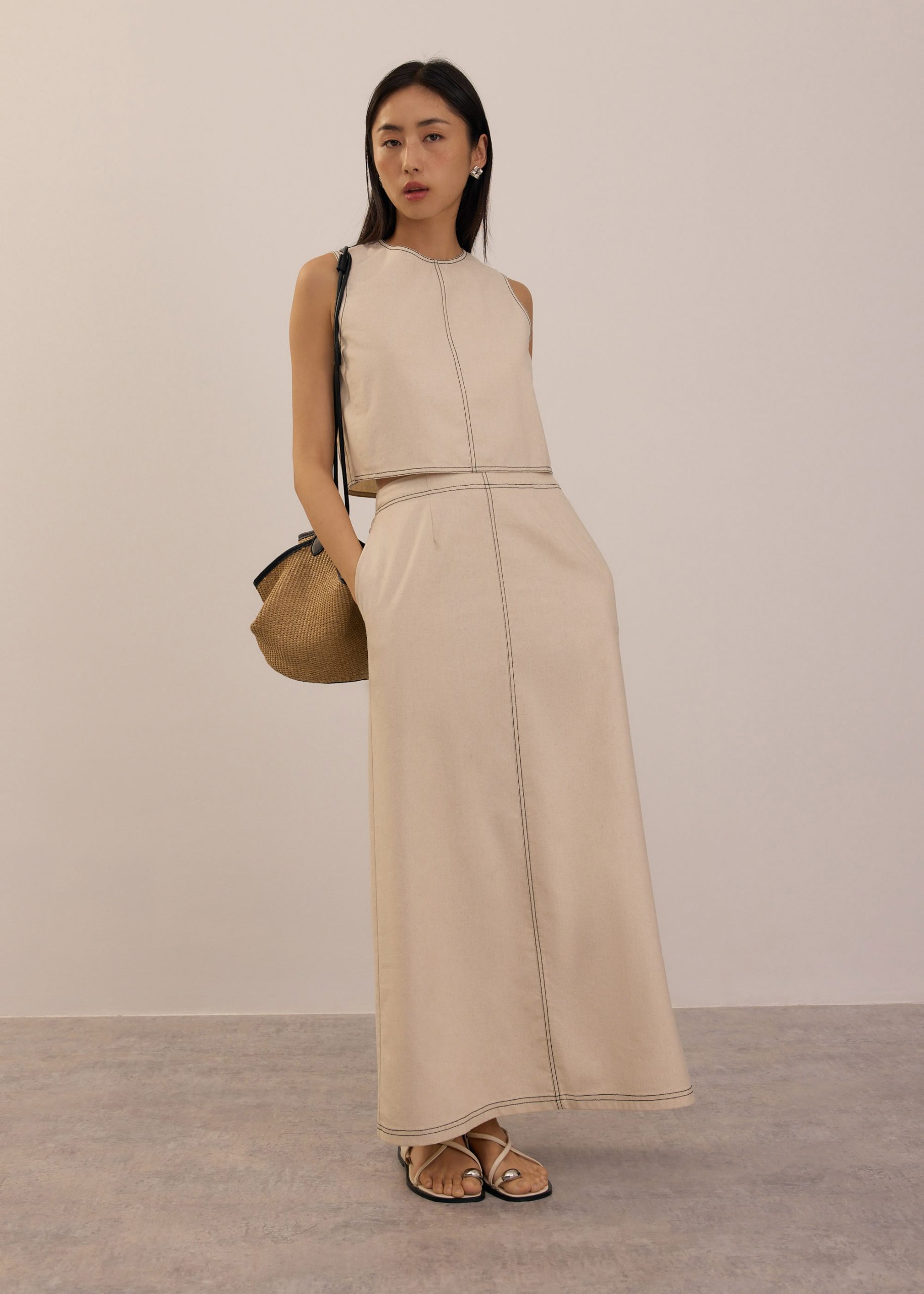 Elastic Contrast Stitch High Waist A-line Maxi Skirt - Image 38