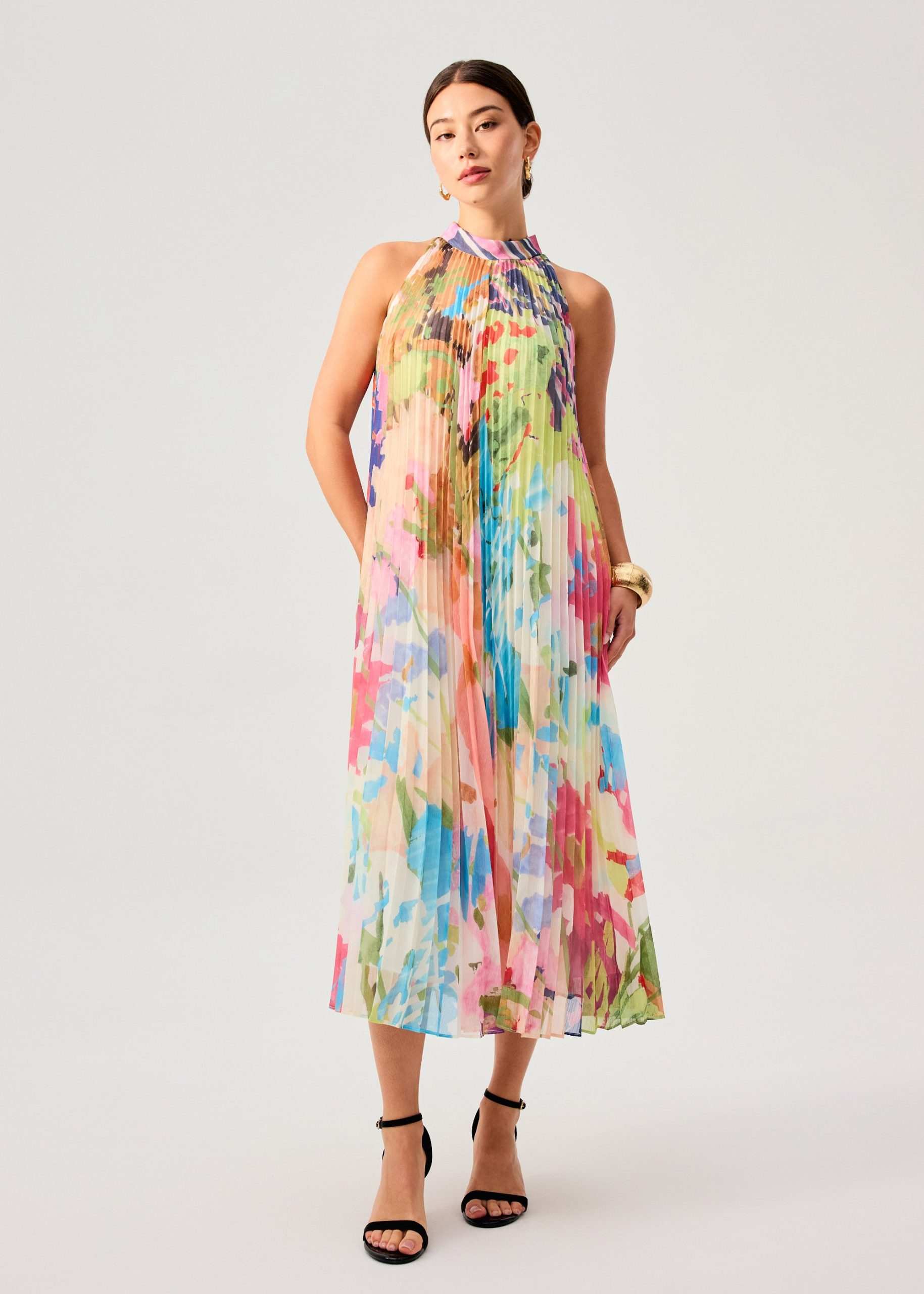 Georgette Pleated Mock Neck Trapeze Midaxi Dress in Vivid Blooms - Image 3