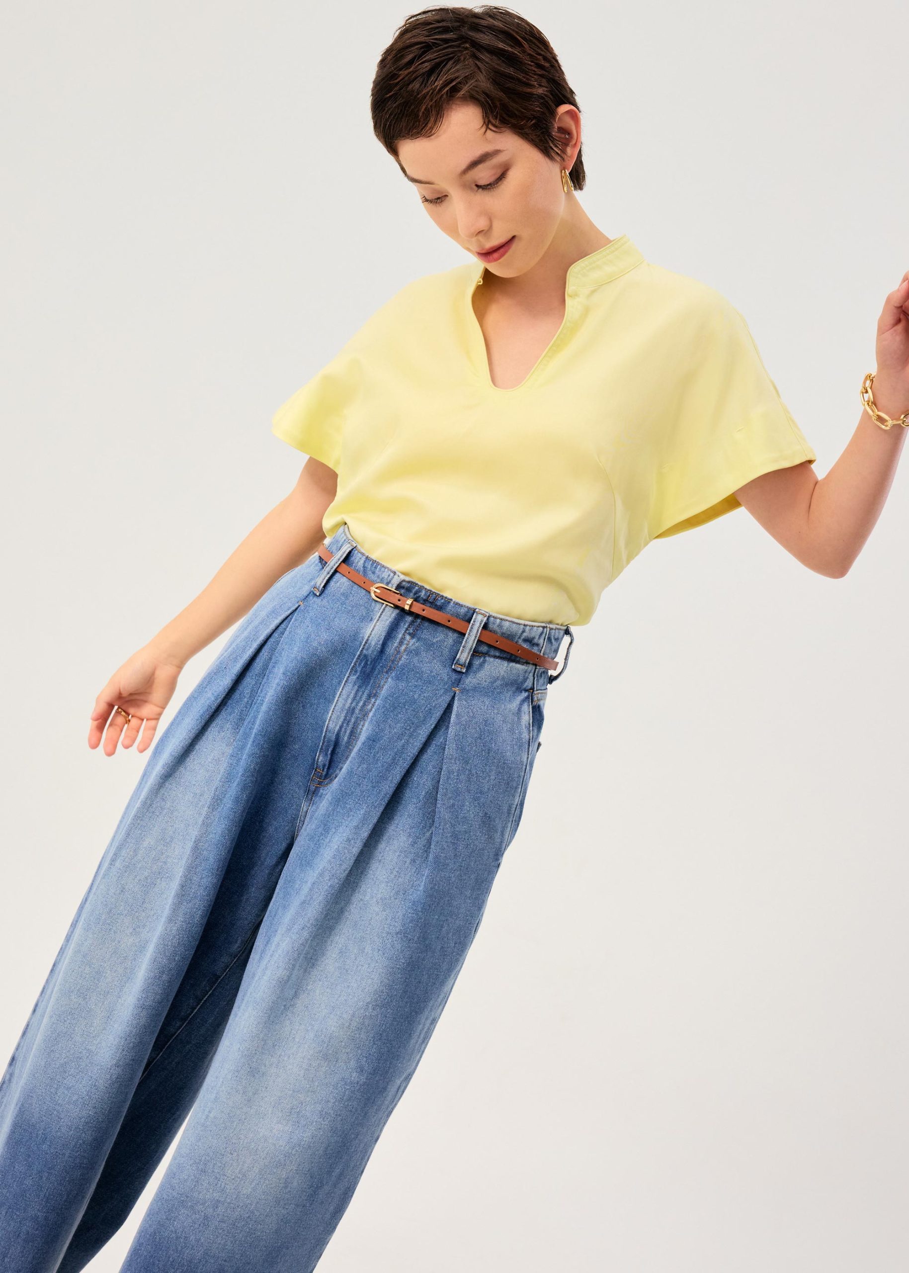 Lyocell Mandarin Collar Drop Shoulder Top - Image 14