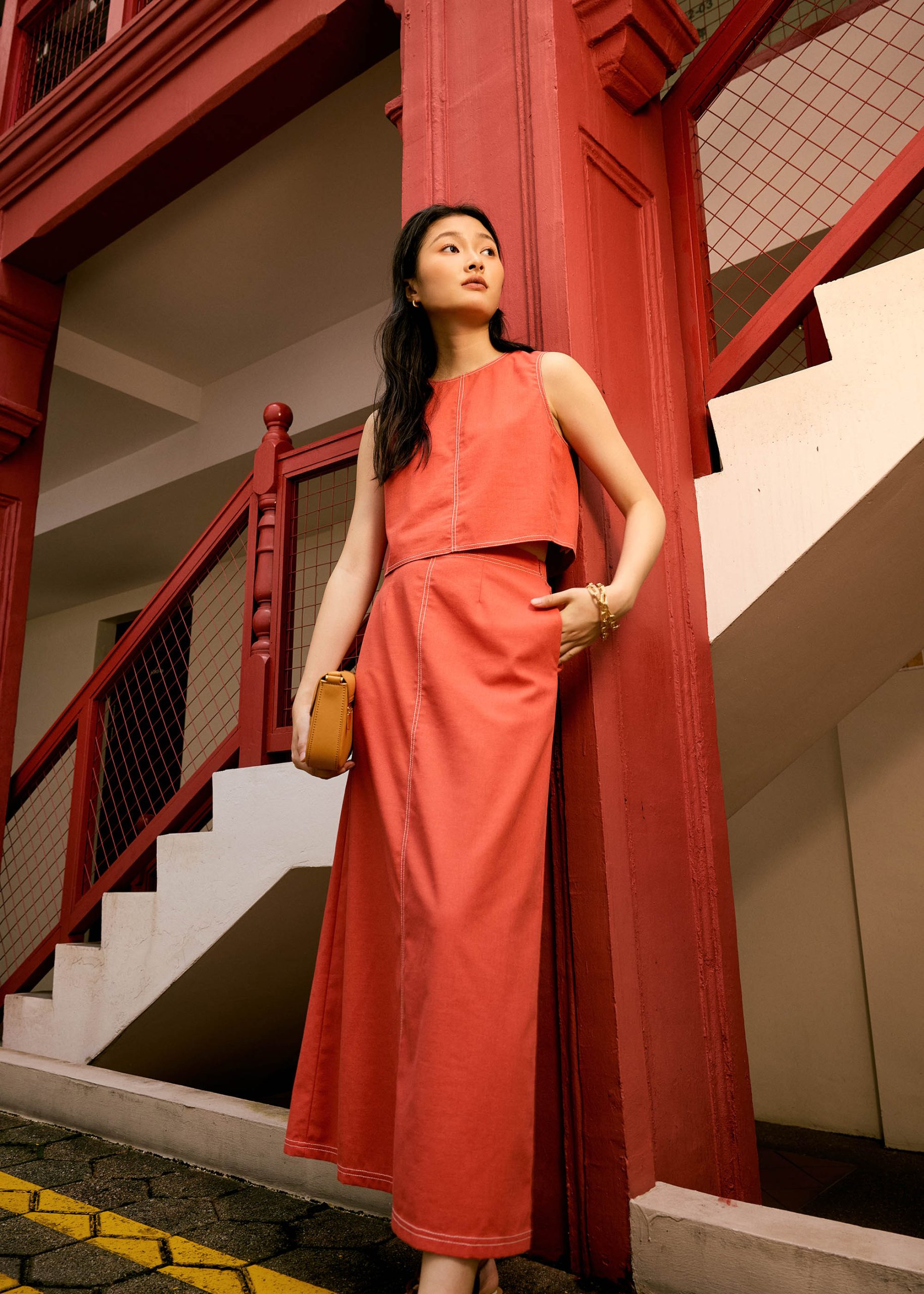 Elastic Contrast Stitch High Waist A-line Maxi Skirt - Image 28