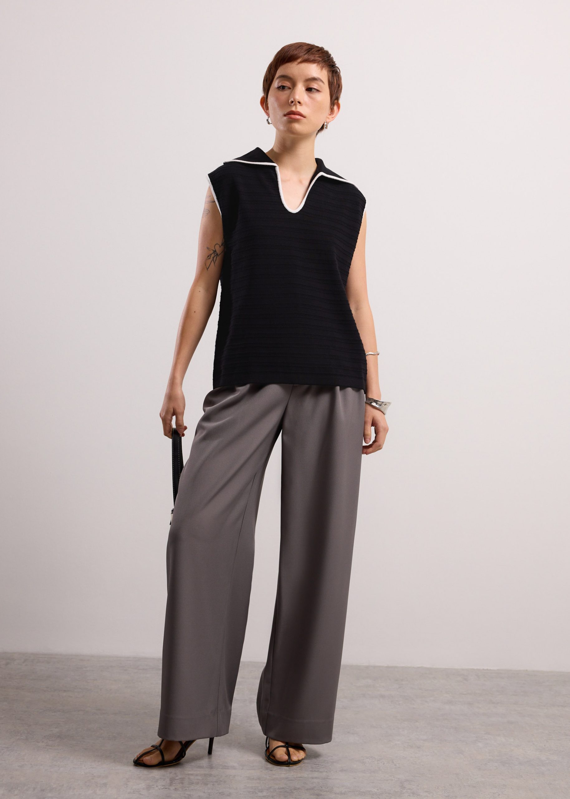 Relaxed Contrast Pointelle Collared Top - Image 9