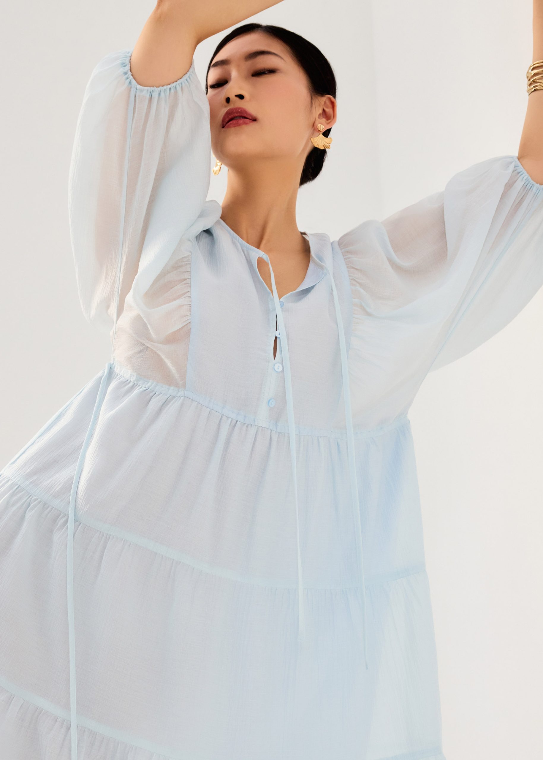 Sheer Lyocell Tiered Round Neck Trapeze Maxi Dress - Image 5