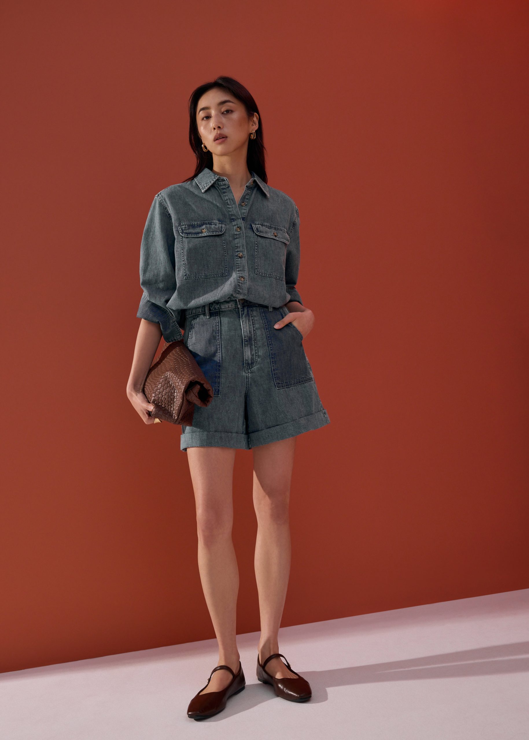 Denim High Waist A-line Cuffed Shorts - Image 9