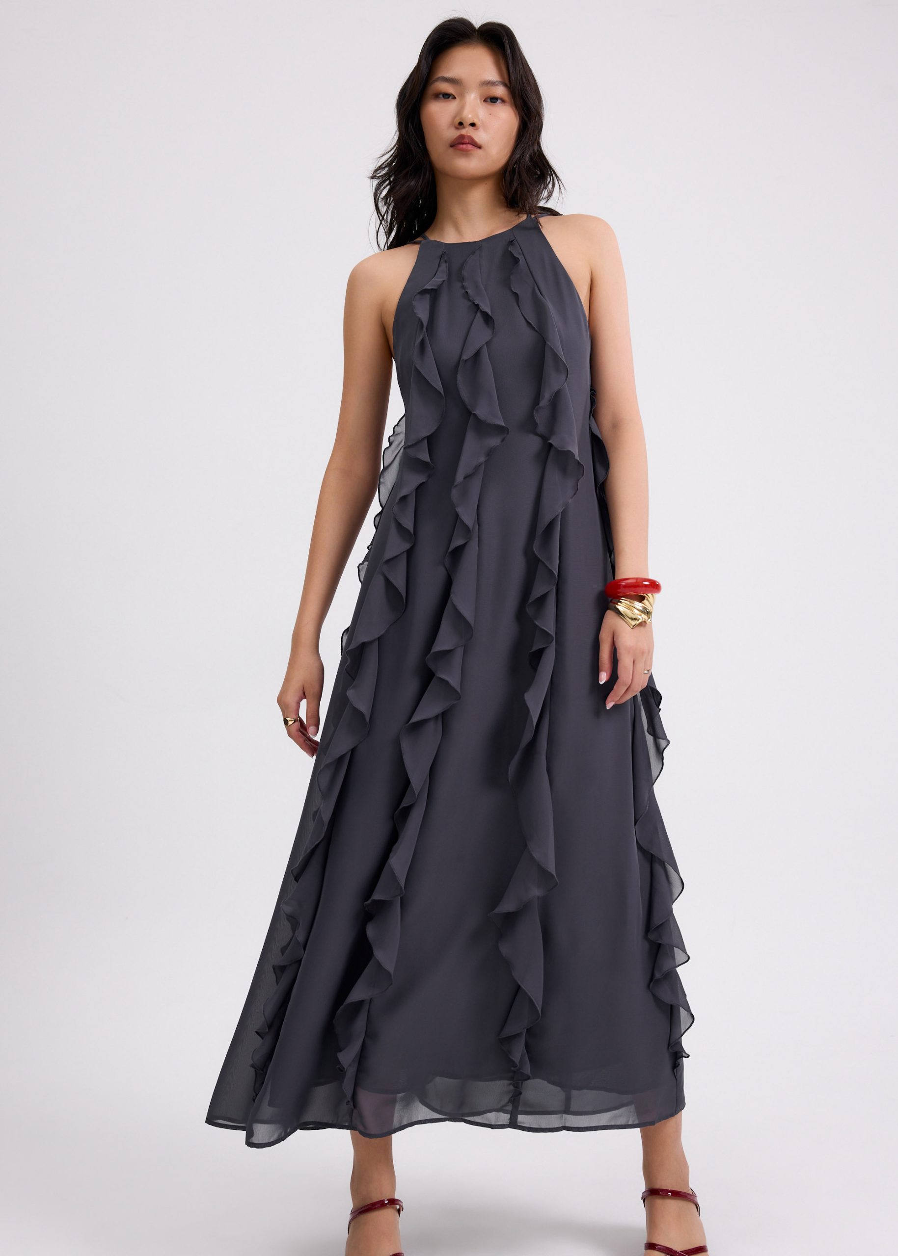 Georgette Halter Trapeze Frill Maxi Dress - Image 10