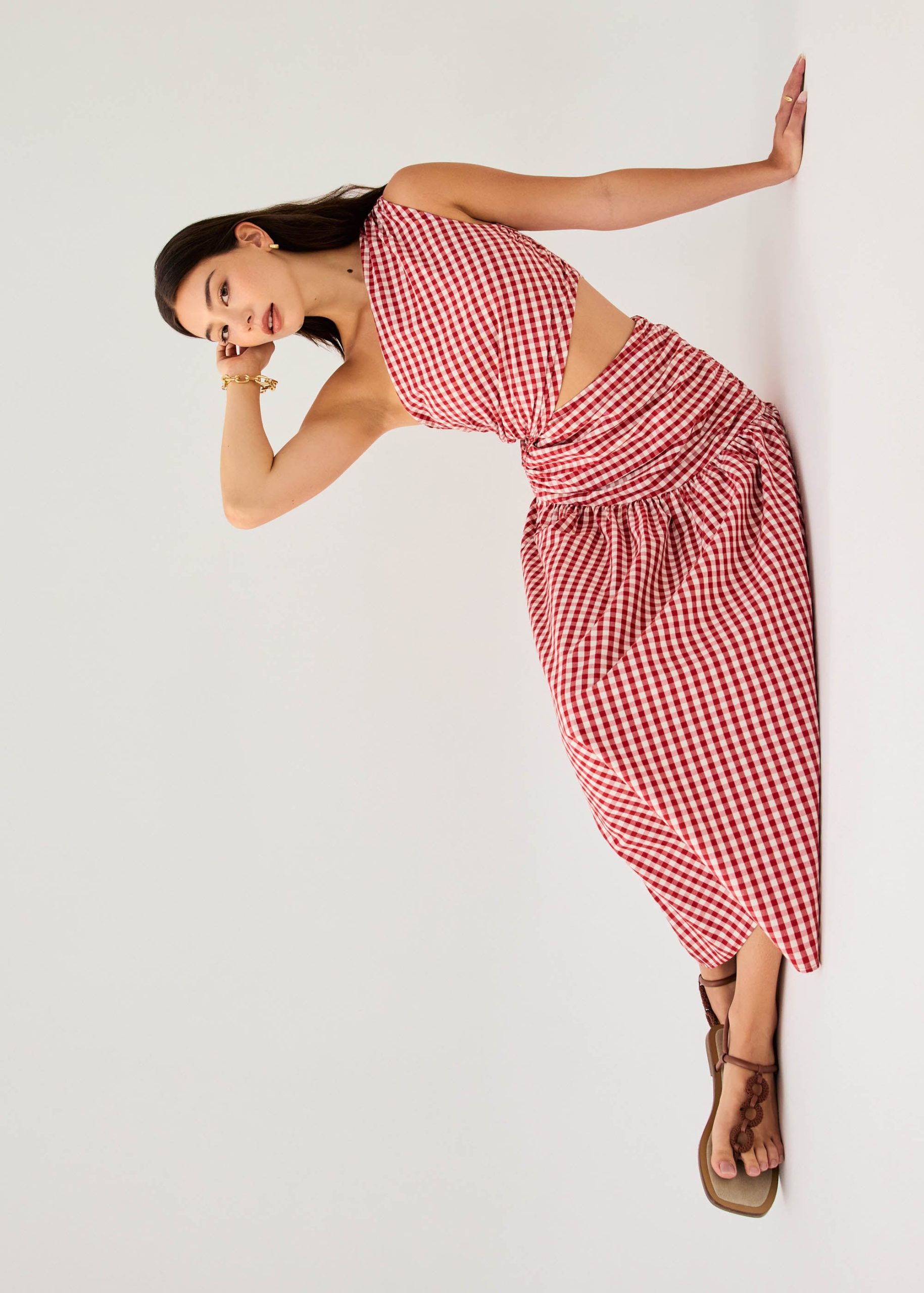 Gingham Cotton Cut Out Toga Fit & Flare Maxi Dress - Image 3
