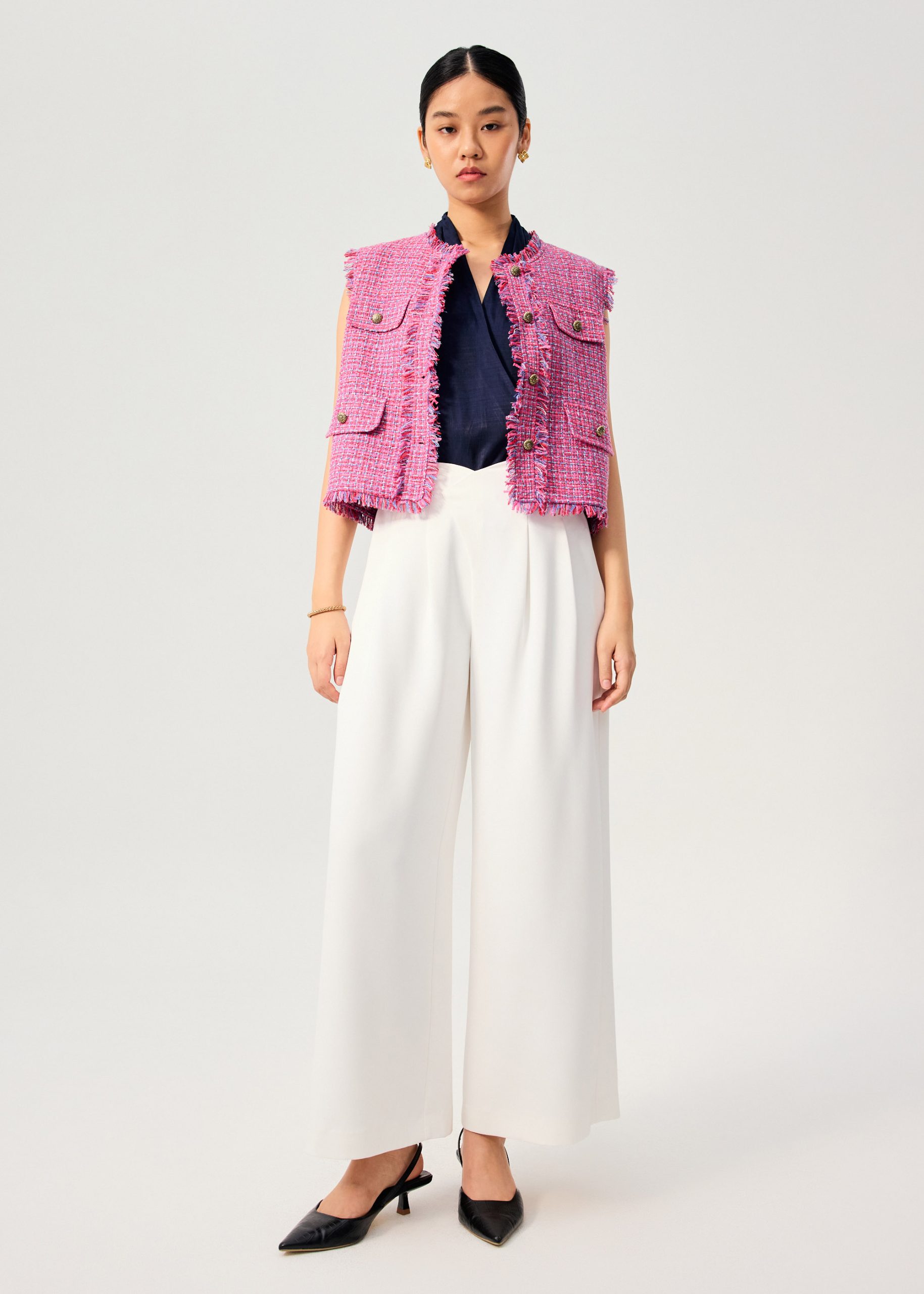 Oversized Tweed Frayed Hem Round Neck Vest - Image 7