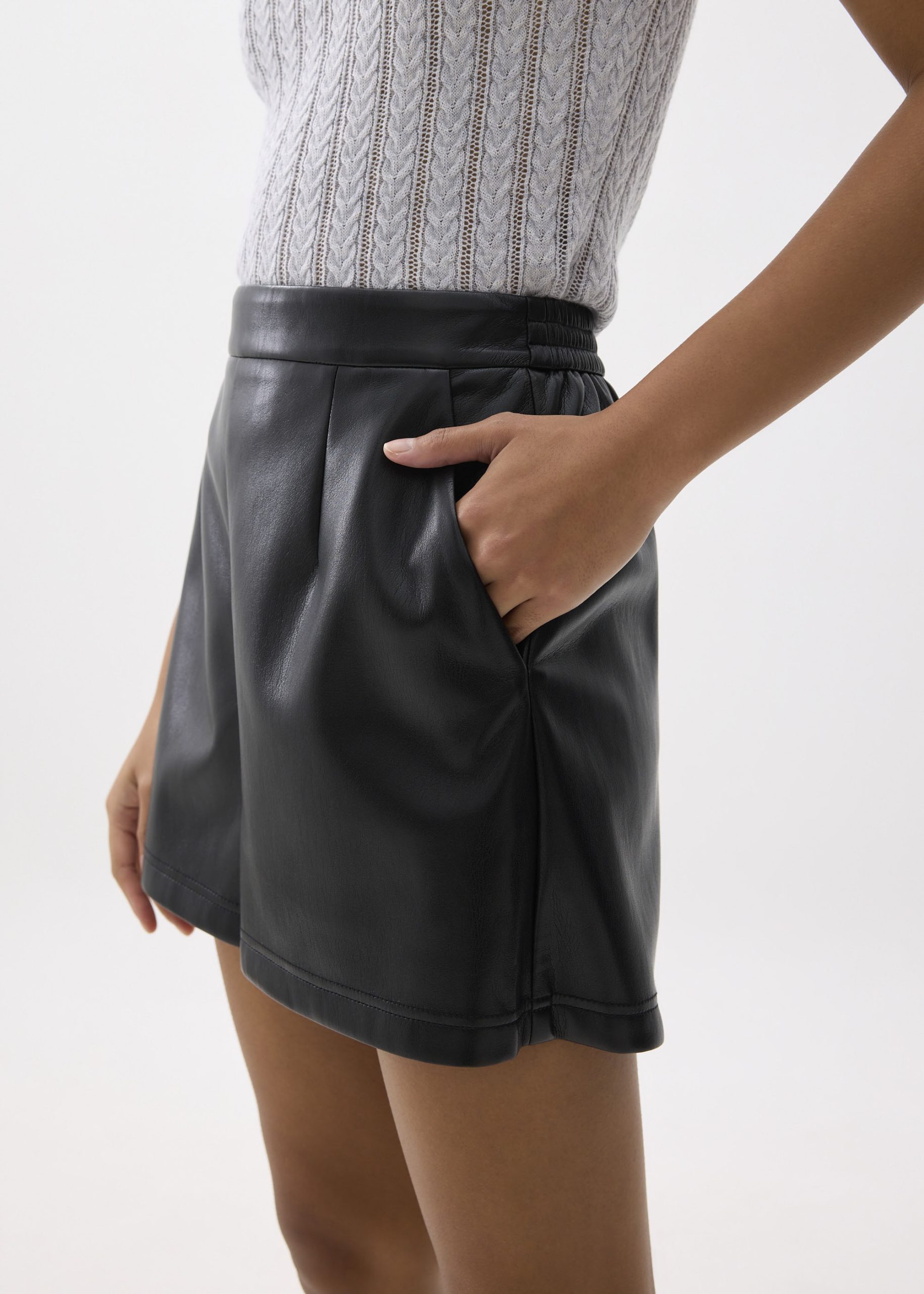 Elastic Vegan Leather High Waist A-line Shorts - Image 8