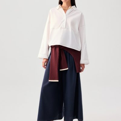 Relaxed Contrast Stitch Cotton Collared Shirt