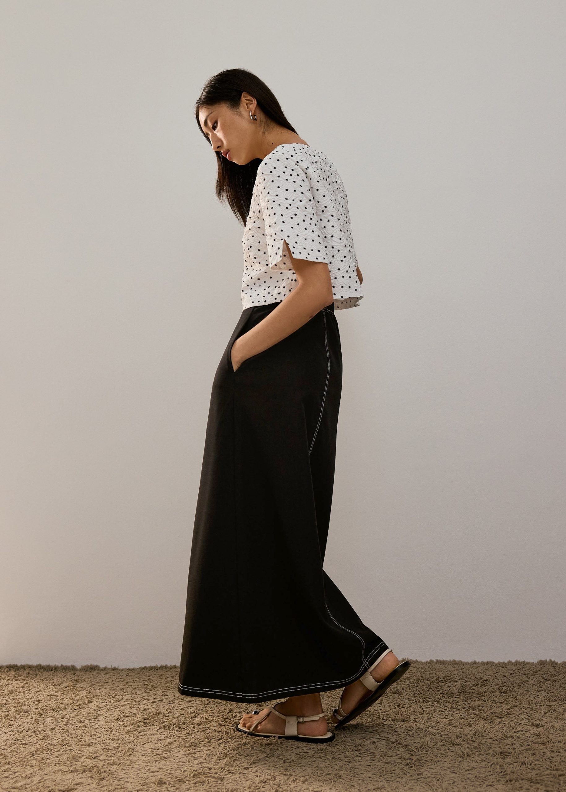Elastic Contrast Stitch High Waist A-line Maxi Skirt - Image 23