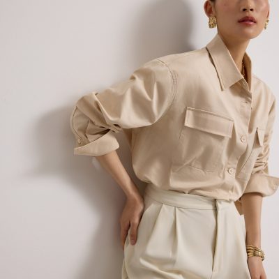 RuchedReady® Oversized Cotton Twill Button Down Utility Shirt