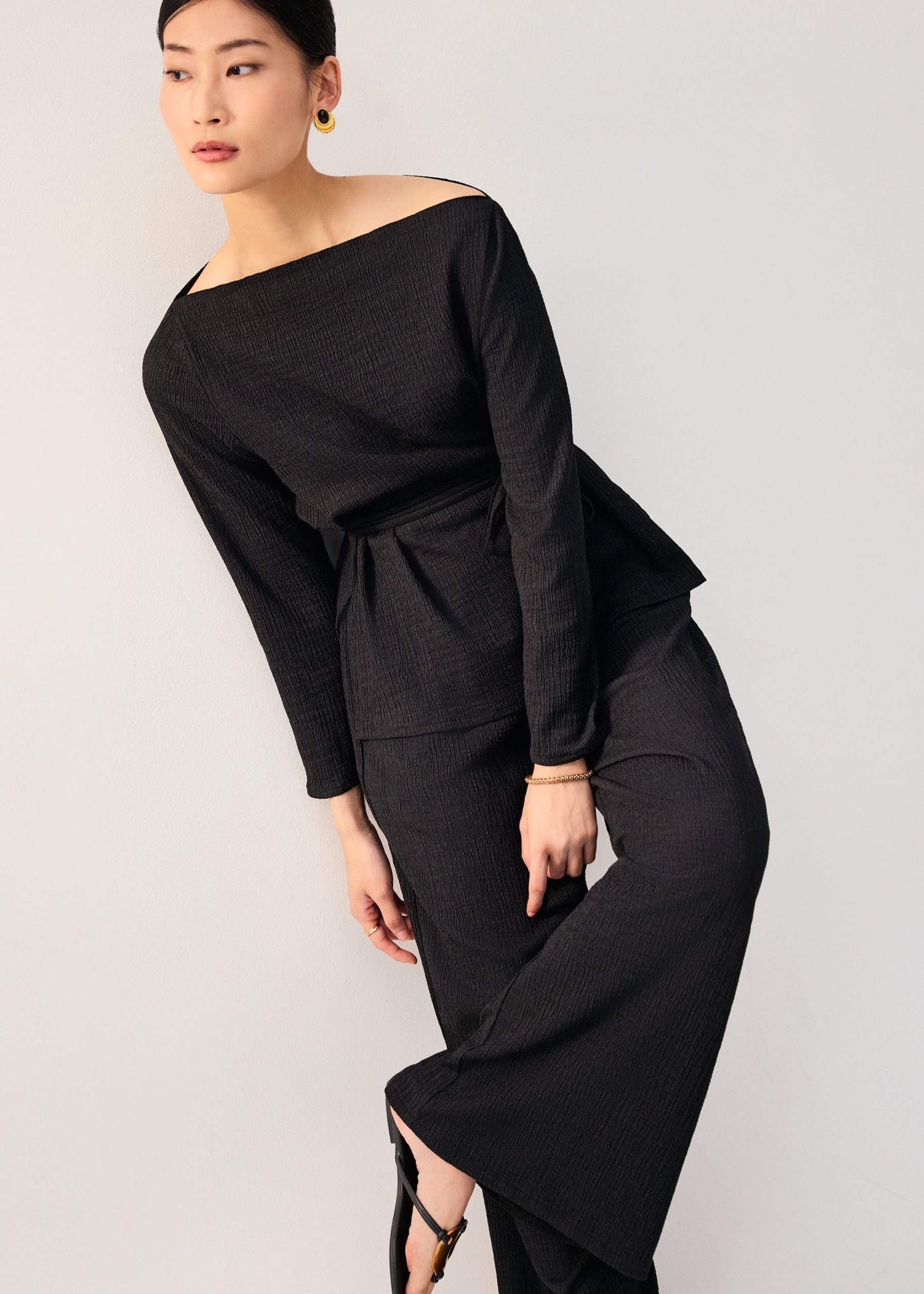 Sash Tie Crinkled Boat Neck Top - Image 2