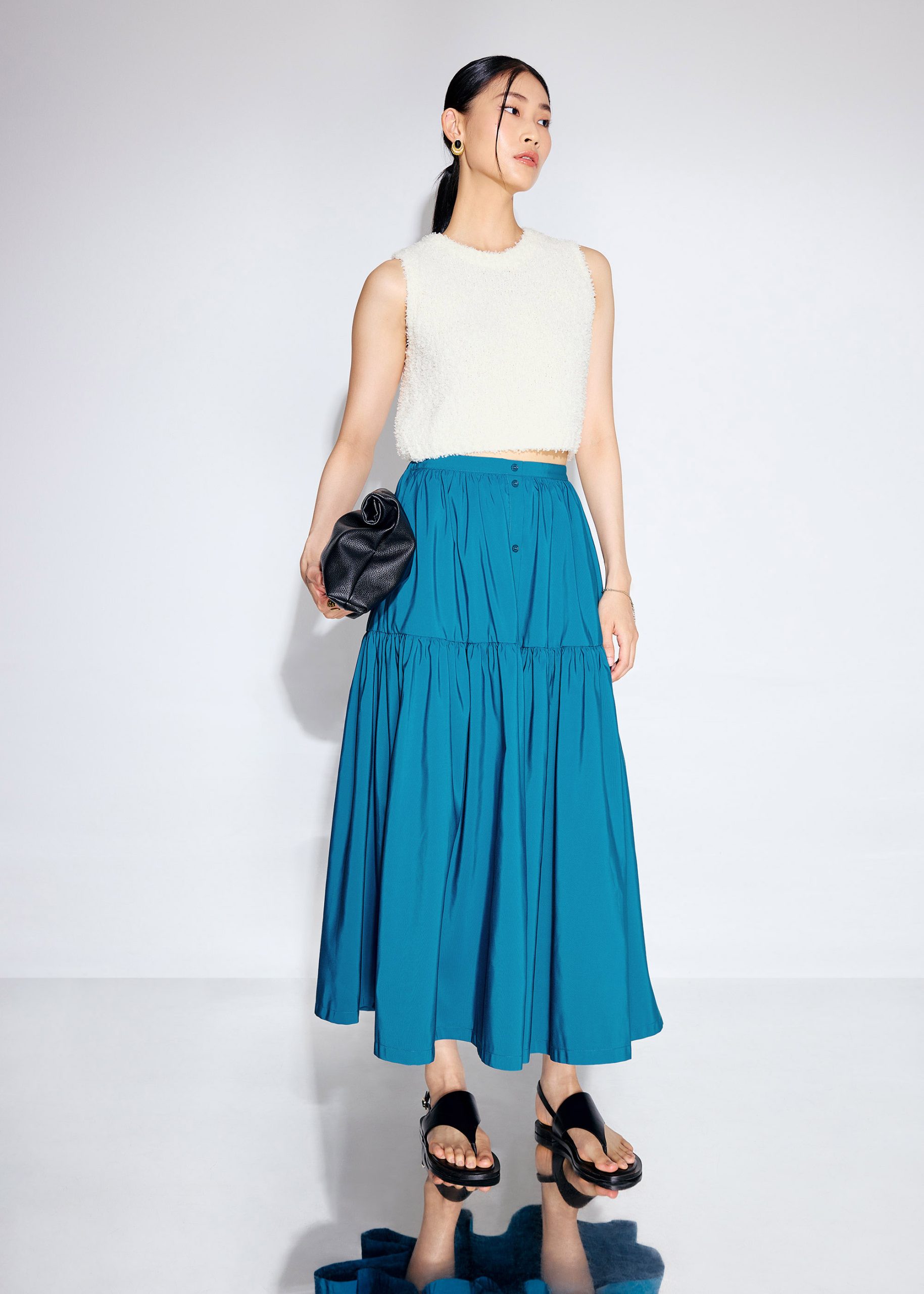 Elastic Tiered High Waist Flare Midaxi Skirt - Image 6