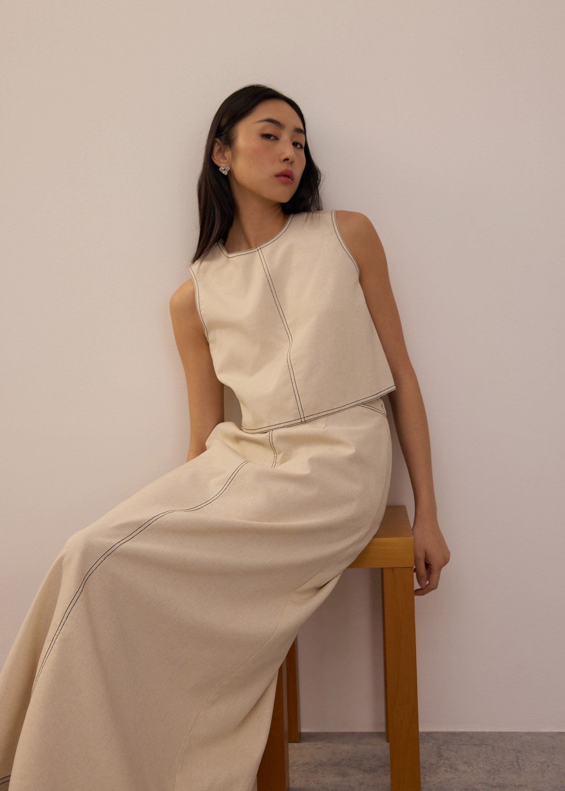 Elastic Contrast Stitch High Waist A-line Maxi Skirt - Image 36