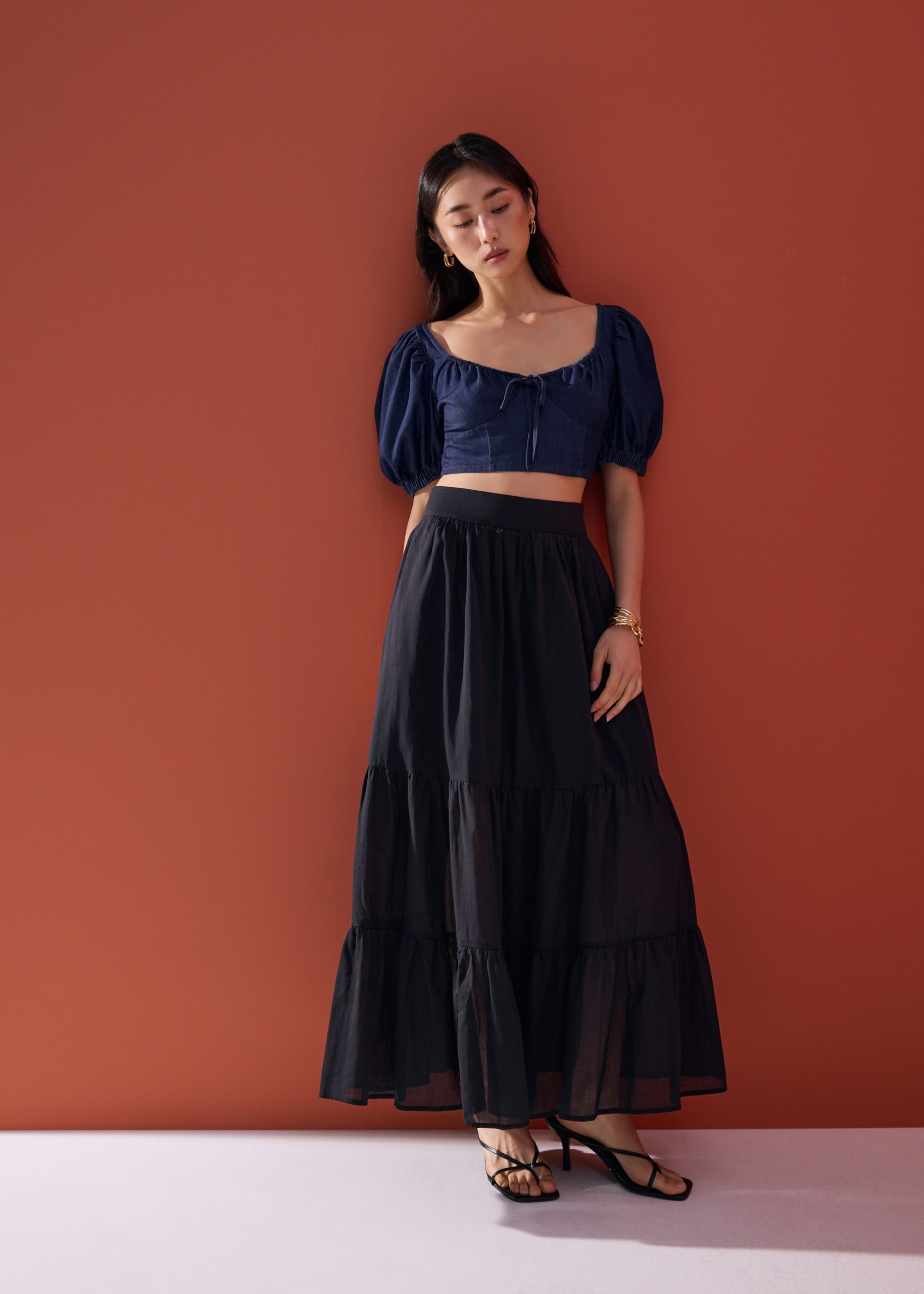 Chambray Puff Sleeve Crop Top - Image 4