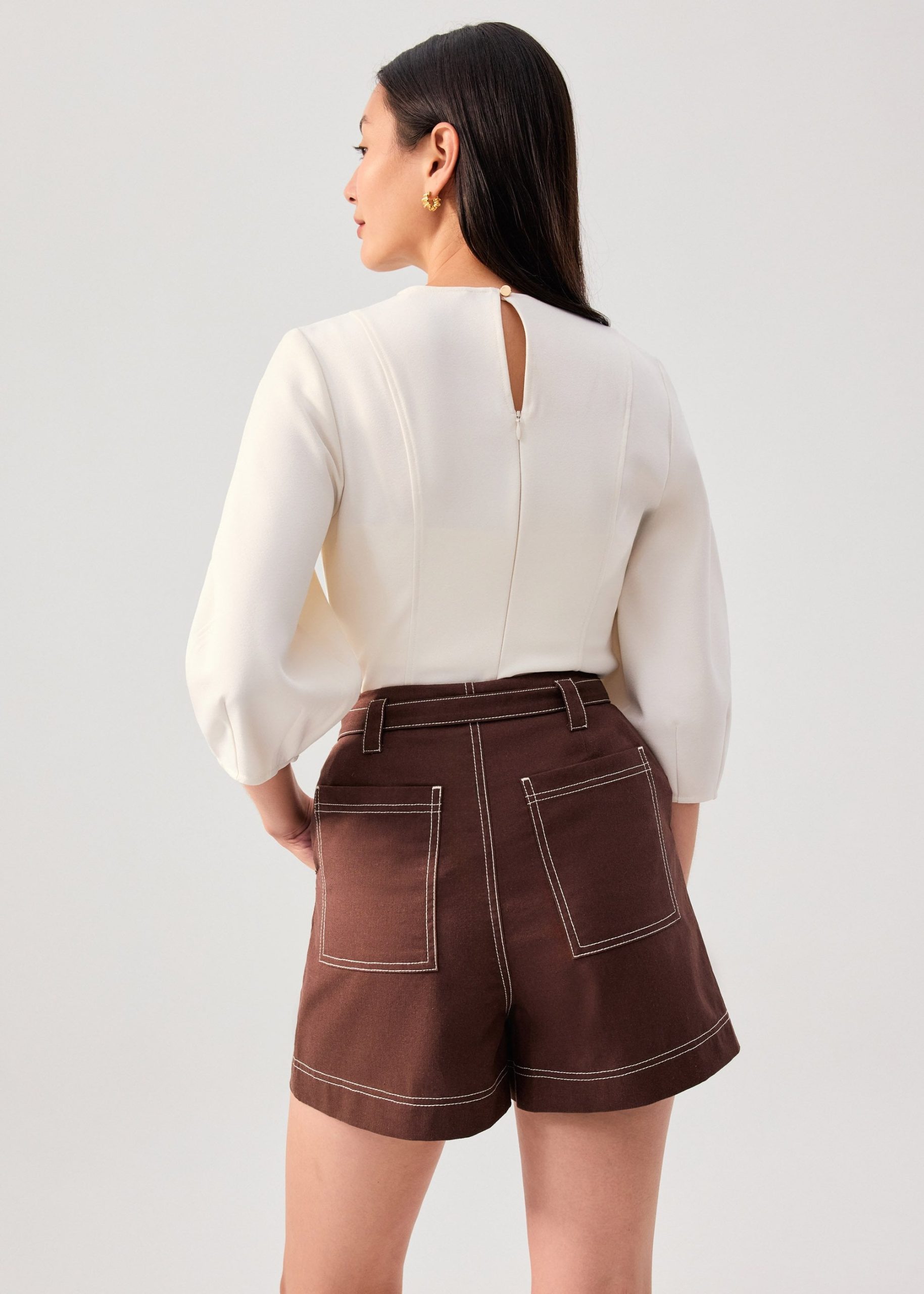 Belted Contrast Stitch High Waist Shorts - Image 27