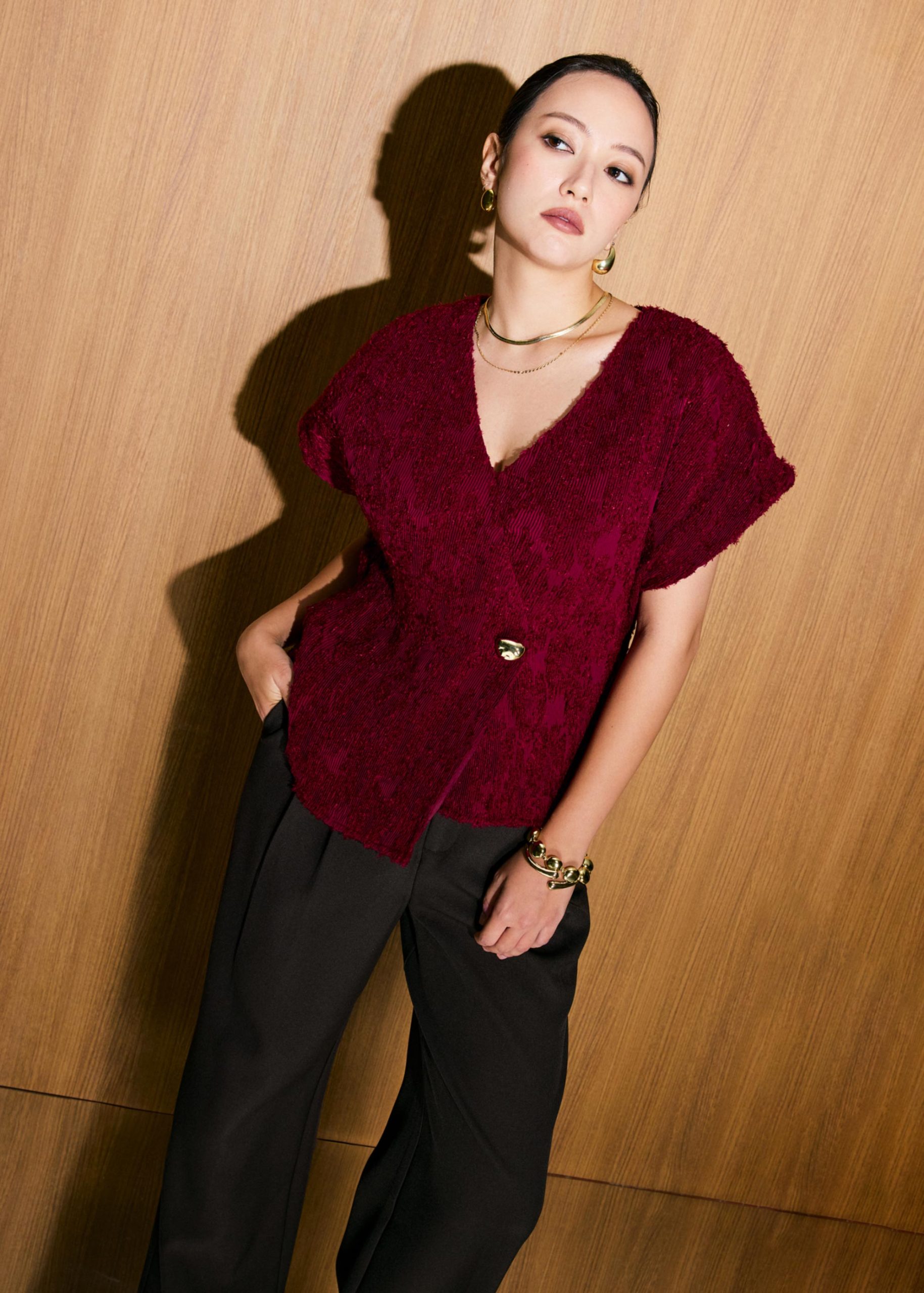 Sonam Textured V-neck Drop Sleeve Top