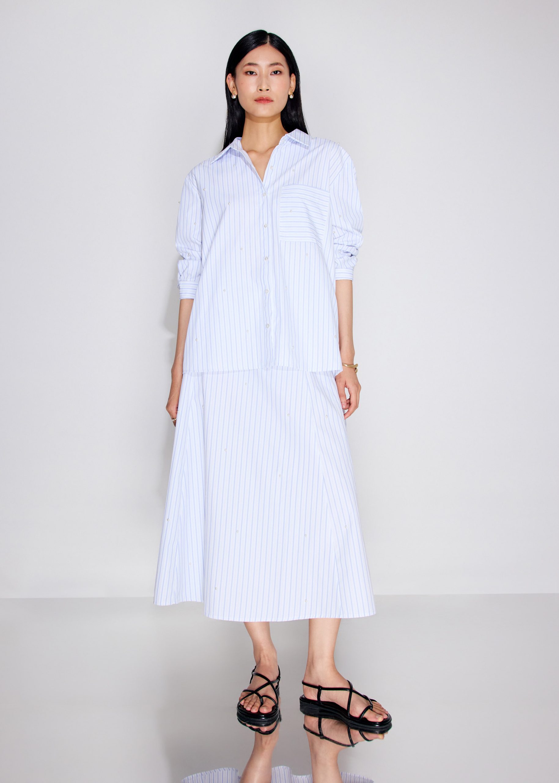 Pearl Embellished Pinstripe Flare Midaxi Skirt - Image 2