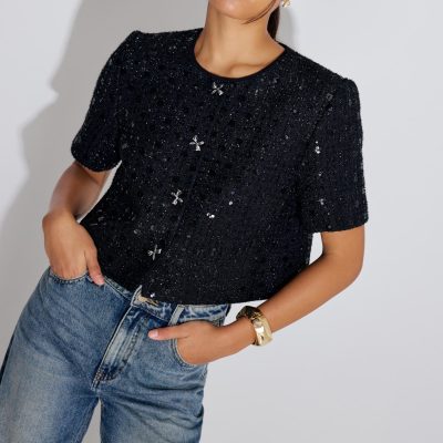 Meiyan Sequin Tweed Round Neck Boxy Button Down Crop Top