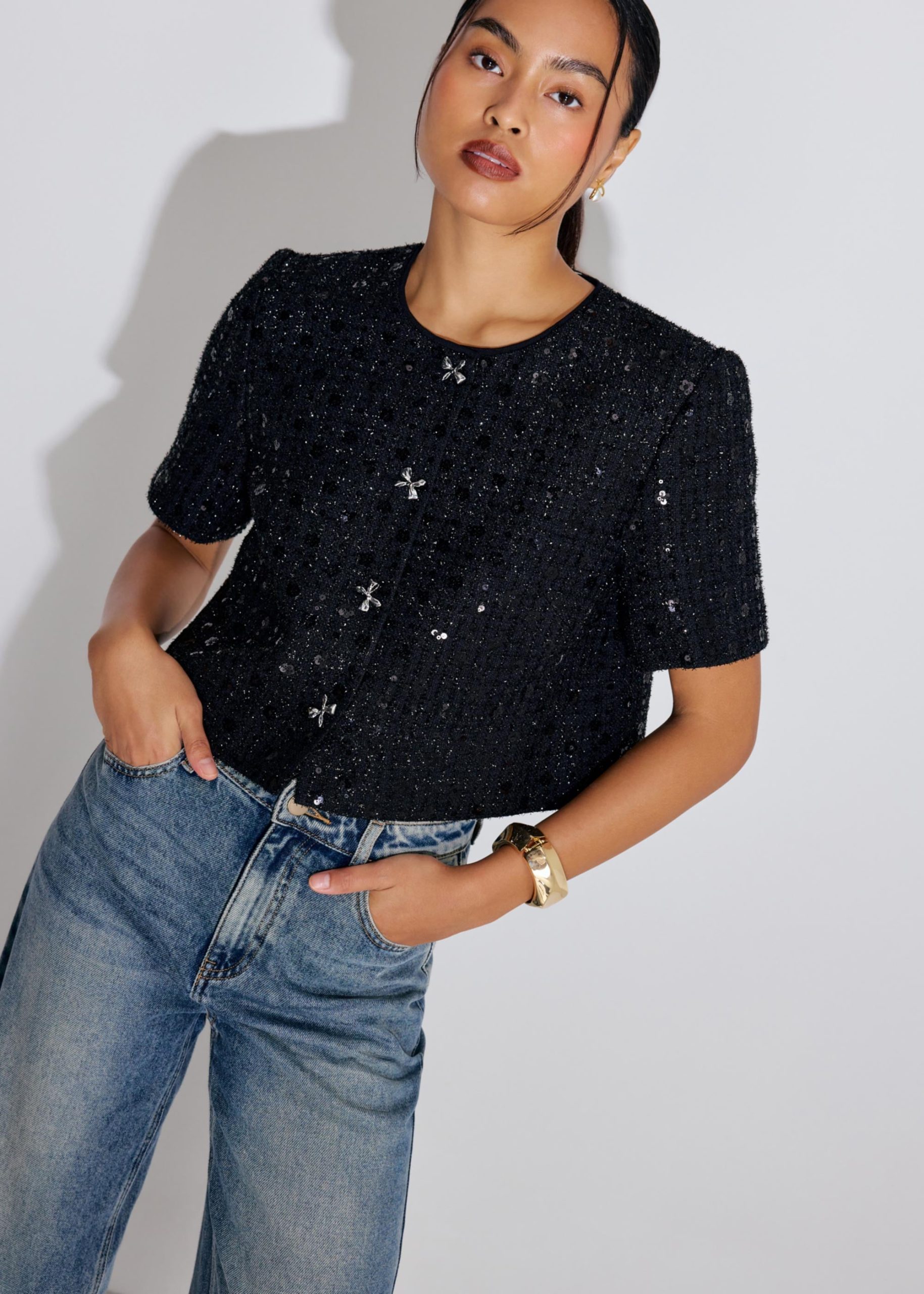 Meiyan Sequin Tweed Round Neck Boxy Button Down Crop Top