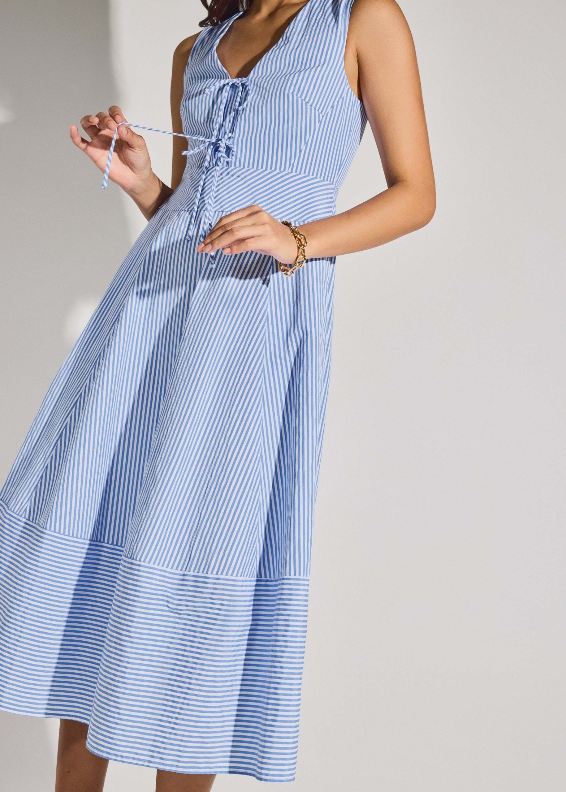 Striped Cotton Front Tie V-neck Fit & Flare Midaxi Dress - Image 4